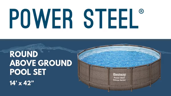 thumbnail video image 2 of Bestway Power Steel 14’x42” Metal Frame Above Ground Pool w/ Pump, Ladder, & Cover, Brown, 2 of 9