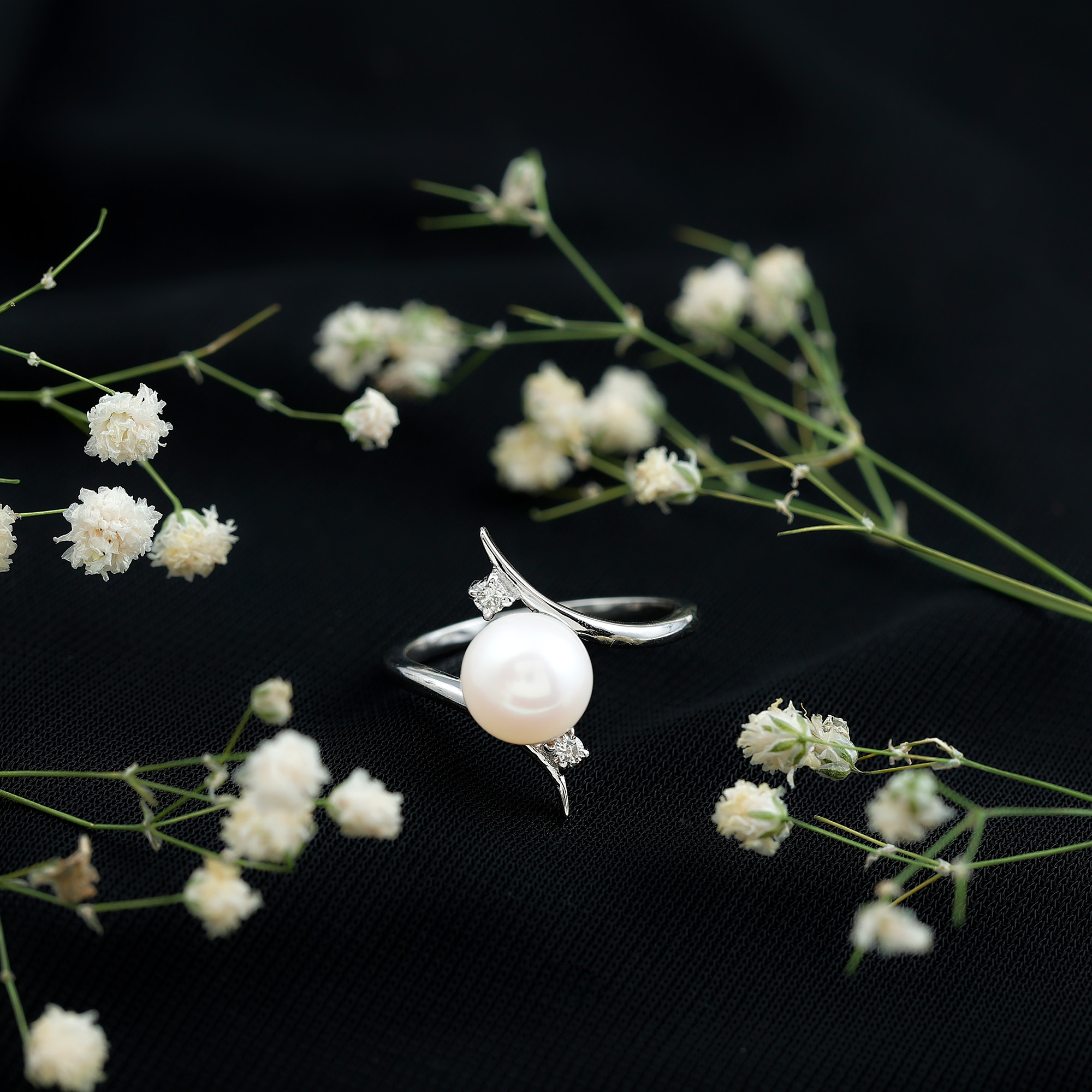 thumbnail video image 2 of Rosec Jewels Solitaire Freshwater Pearl Ring with Diamond for Women, Bypass Ring - 8 mm, 18K White Gold, US 3.50, 2 of 8