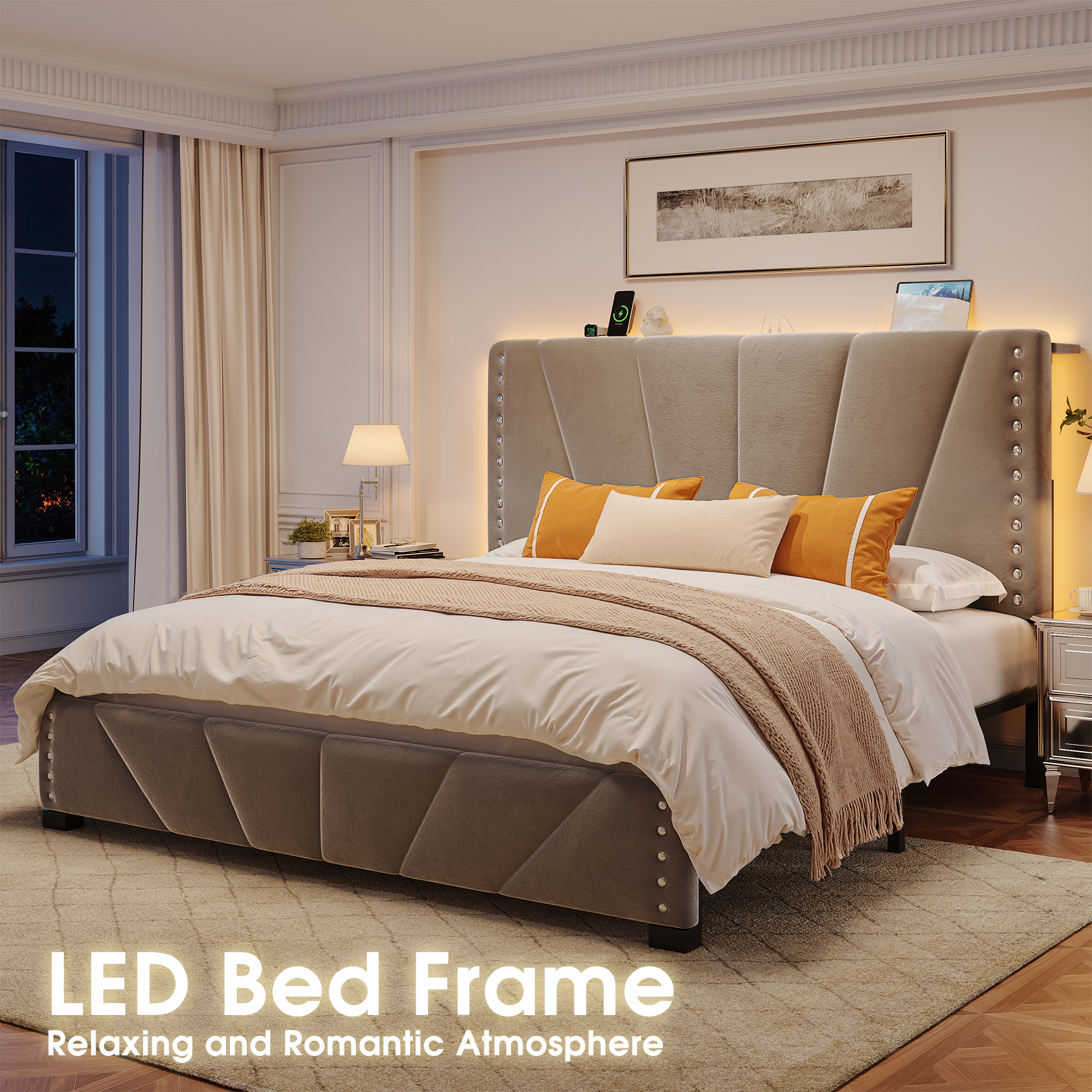 thumbnail video image 2 of Romorgniz Queen Size Bed Frame with Underbed Storage Upholstered Bed Frame with Adjustable Headboard & LED Light & Charge Station ,Gray, 2 of 9