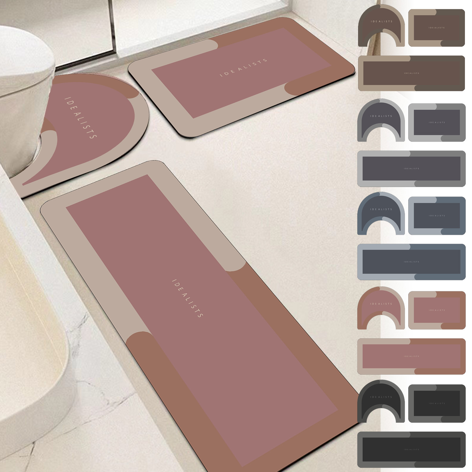 thumbnail video image 2 of 3pcs Diatomaceous Earth Bathroom Toilet Mat Set - Rubber Non-Slip Backing, Super Absorbent Fast Drying, Easy Clean Washable, Perfect for Home Hotel Shower Room Bathroom, Gray, 2 of 10