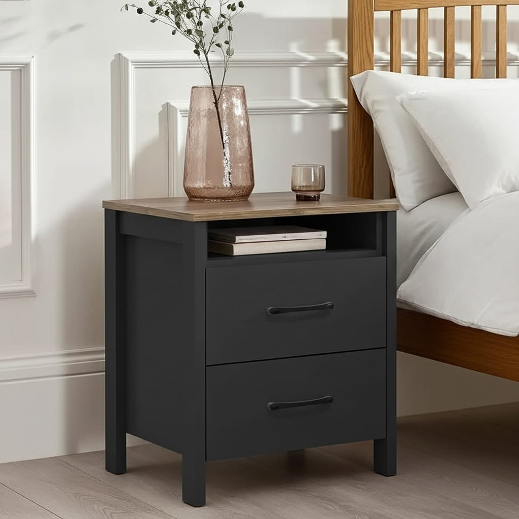 thumbnail video image 2 of STYLIVIA 2-Drawer Nightstand for Adults, Royal Walnut Wood, 20.9" W x 15.7" D x 22.7" H, with Open Shelf, 2 of 17