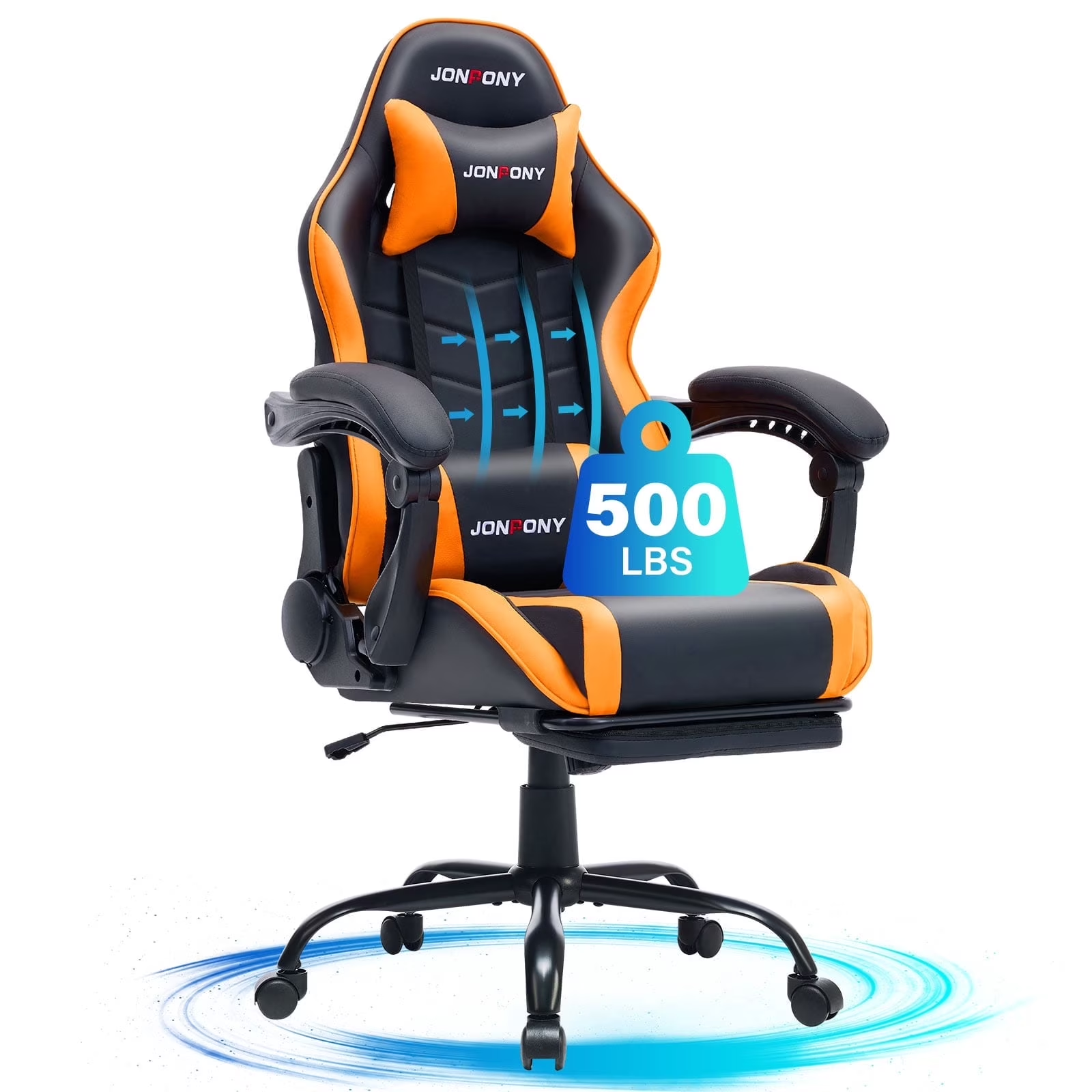 thumbnail video image 2 of JONPONY 500LBS Big & Tall Gaming Chair, Ergonomic High-Back Gamer Chair with Footrest Lumbar Support, PU Leather Office Computer Chair for Long Sitting, Orange, 2 of 9