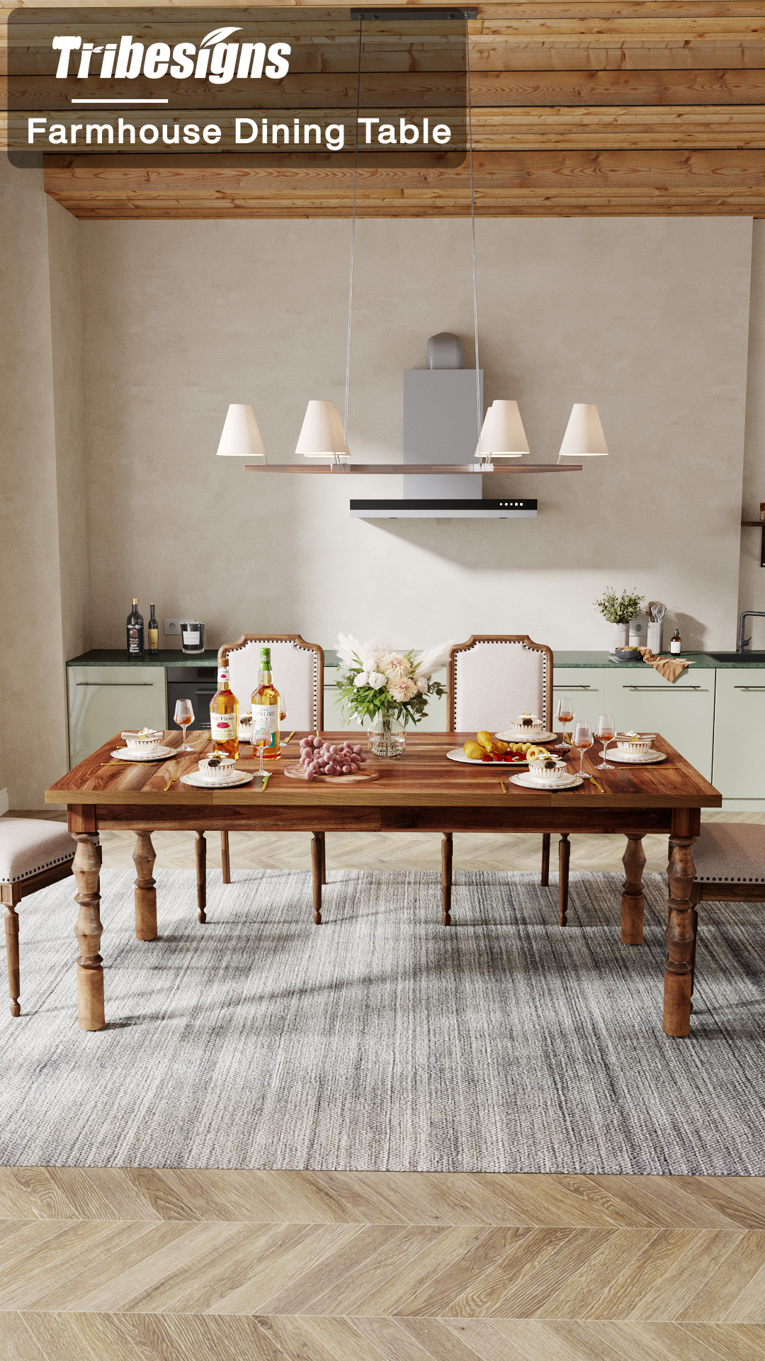 thumbnail video image 2 of Tribesigns Dining Table, 62 in. Large Farmhouse Kitchen Table for 4-6, Rectangle Dinner Table Breakfast Table Kitchen & Dining Room Furniture with Carved Turned Legs, 2 of 11