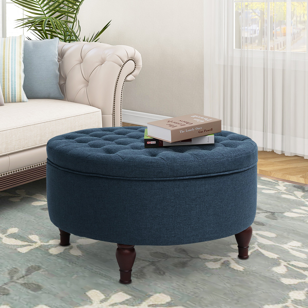 thumbnail video image 2 of Abble Diameter 32 inch Denim Blue Fabric Upholstered Buttons Tufted Round Storage Cocktail Ottoman, 2 of 9