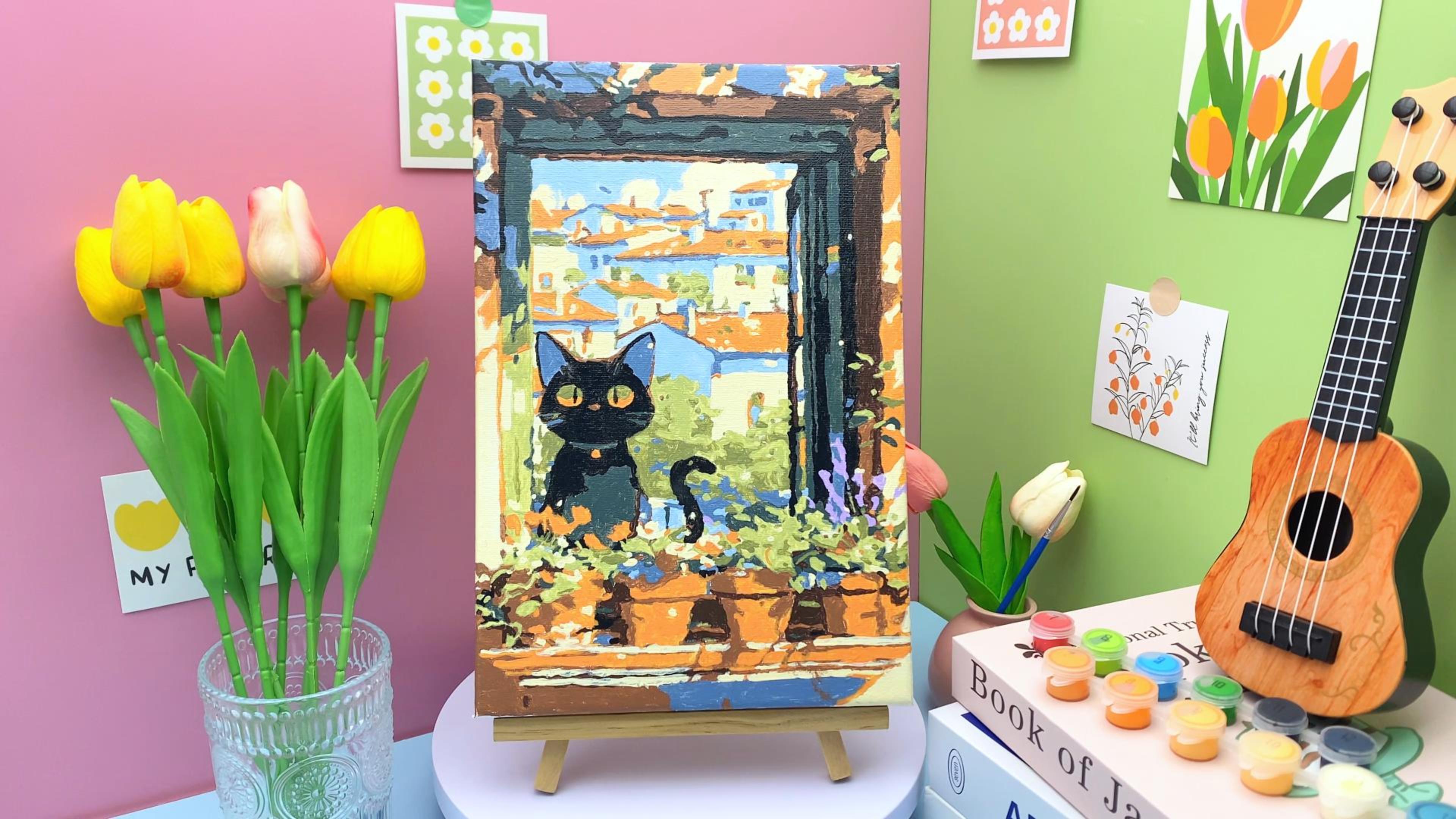 thumbnail video image 2 of QUITEDEW Cat Paint by Numbers Kits for Adults with Frame,Windowsill Oil Painting on Canvas with Frame,Gift and Decor 8x12 Inch, 2 of 9