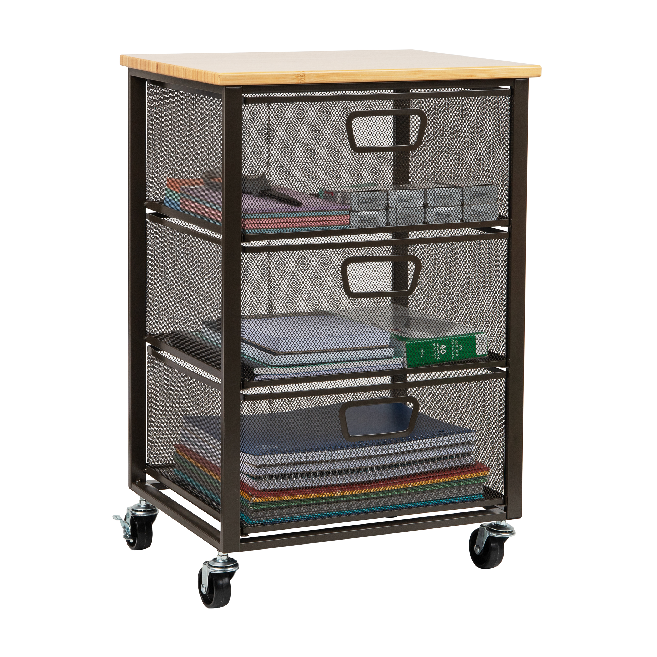 thumbnail video image 2 of Mind Reader 3-Drawer Rolling Storage Cart, Office Organizer with Wood Top, Multipurpose Portable Cabinet with Wheels, Metal, Black, 2 of 8