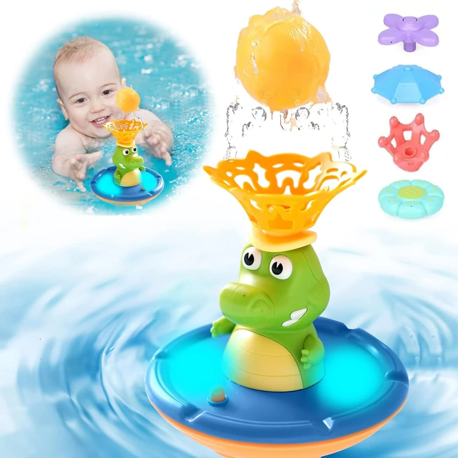 thumbnail video image 2 of Light-Up Crocodile Bath Toy with 4 Spray Modes, Floating Sprinkler for Toddlers and Kids Ages 1-8, Multicolor Bathtub Water Toy, 2 of 10