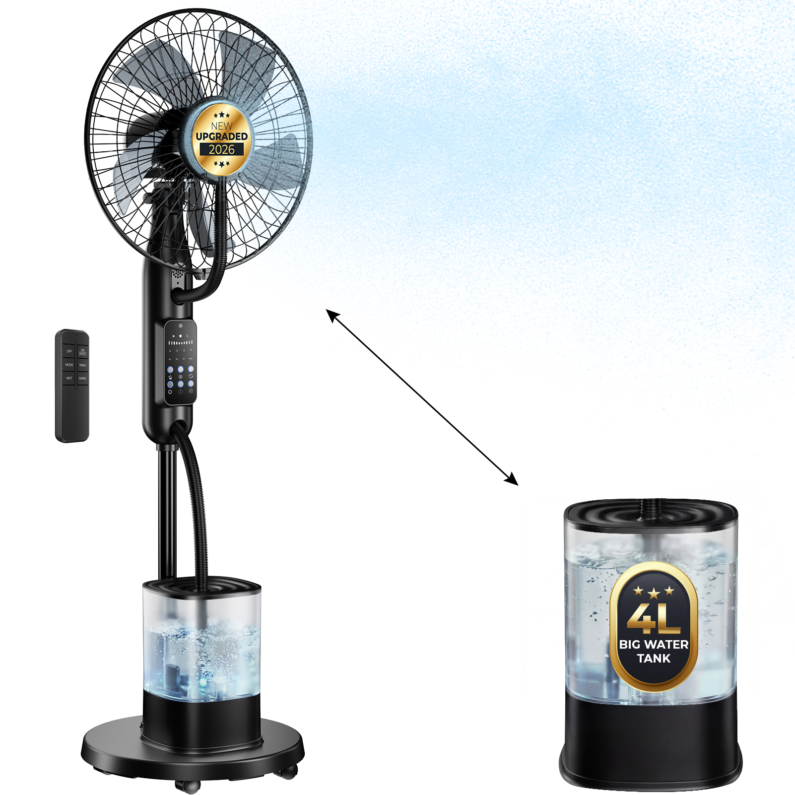 thumbnail video image 2 of Pedestal Misting Fan, Mister Cooling Fan with 4L Large Water Tank, 5 Speeds 3 Modes Misting Standing Fan, Floor Fan with Remote for Home Bedroom Patio Outdoor, 2 of 9