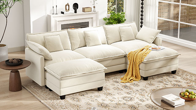 BedLuxury 146.5'' U shape Modular Sectional Sofa with Movable Ottomans, Modern Chenille Deep Seat Couches for Living Room, Apartment, Office, 4-Seat, Grey
