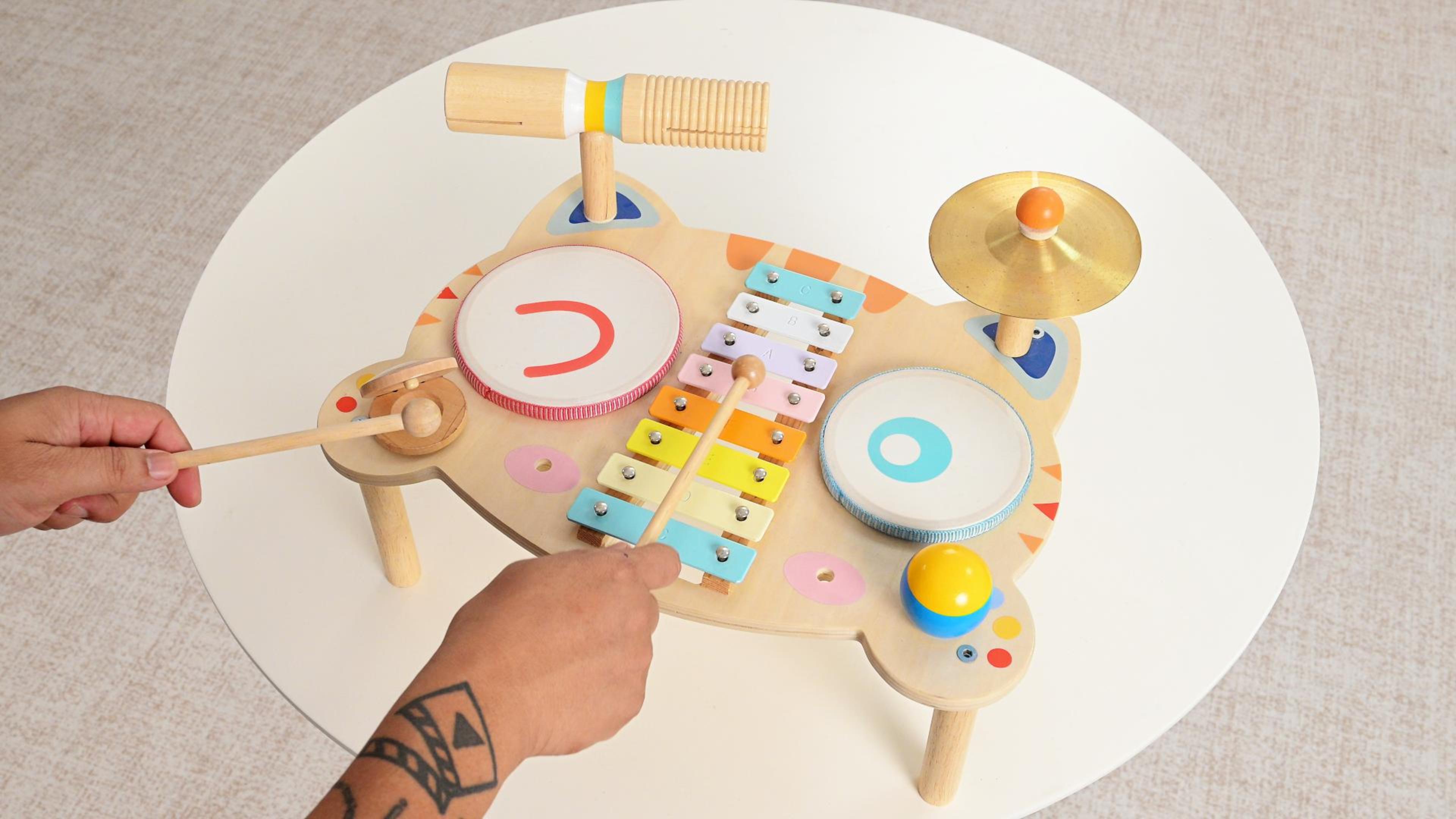 thumbnail video image 3 of OATHX Kids Drum Set, Musical Instruments for Toddlers Learn Toys, Tiger Xylophone Wooden Music Toy, 3 of 9