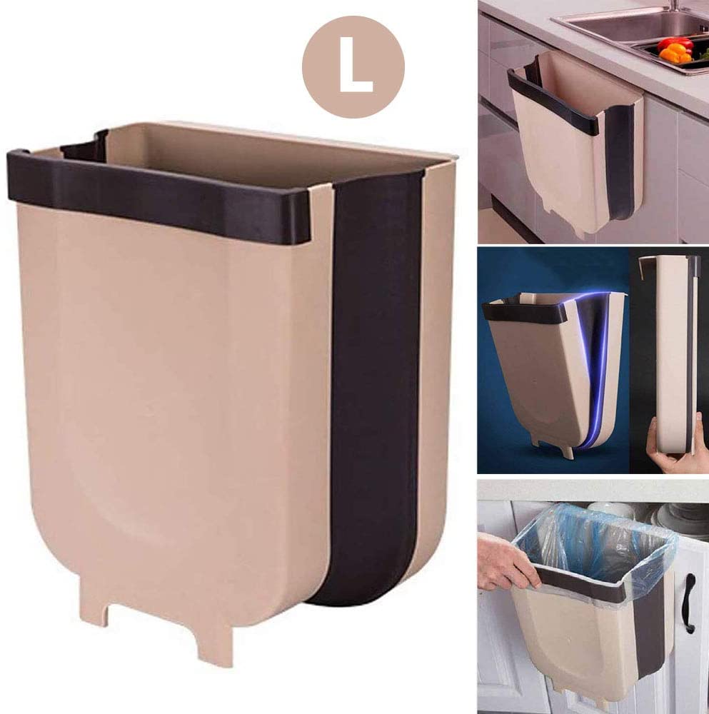 thumbnail video image 2 of LIGHTSMAX LARGE Kitchen Hanging Trash Can, Collapsible Trash Bin LARGE Compact Garbage Can Attached to Cabinet Door Kitchen Drawer Bedroom Dorm Room Car Waste Bin - 9L/2.3 Gallon (Beige), 2 of 7