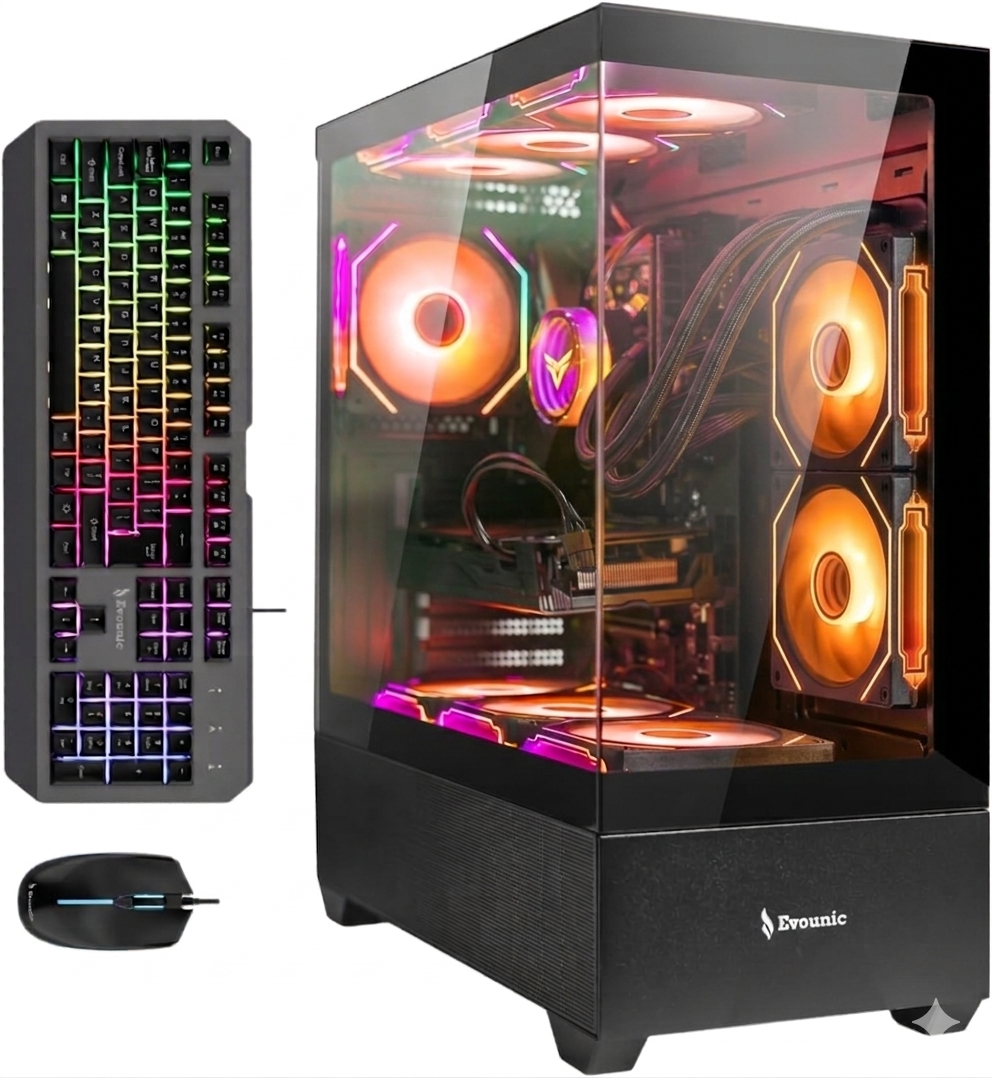 thumbnail video image 2 of Evounic Prebuilt Liquid Cooled Gaming PC - Ryzen 7 5800X,RTX4060 8GB VR Ready,16GB RAM,1TB Nvme SSD ARGB 9Fan Wifi 6 Bluetooth 5.4 Win11, 2 of 9