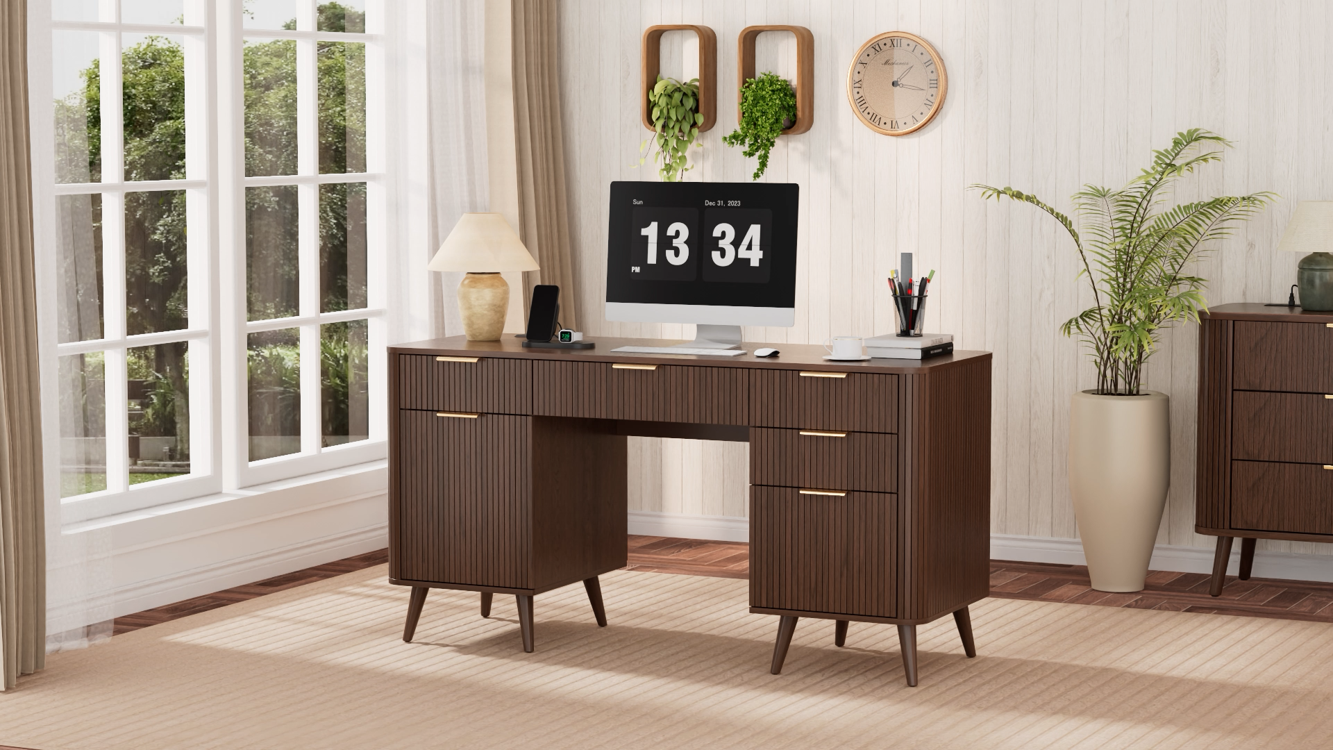 thumbnail video image 2 of 59" Walnut Executive Desk with Charging Station, Modern Fluted Wood Computer Desk with 5 Drawers and Storage Cabinet, Home Office Workstation with File Drawer, 2 of 9