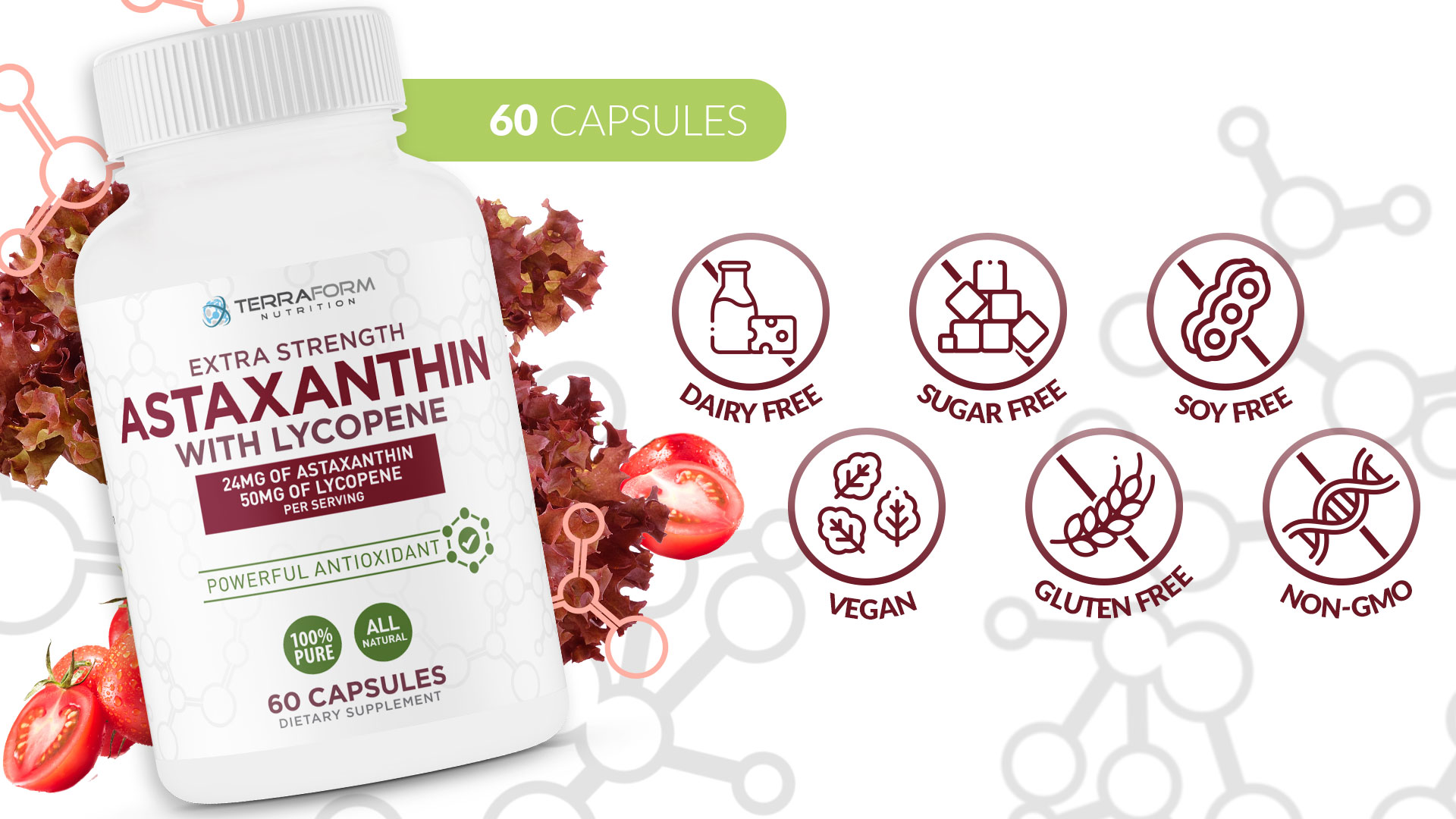 thumbnail video image 2 of Astaxanthin Supplement 24mg with Lycopene 50mg – High Dose Dual Spectrum Antioxidant Complex - Natural Astaxanthin from Haematococcus Pluvialis Microalgae - 60 Servings, 2 of 8