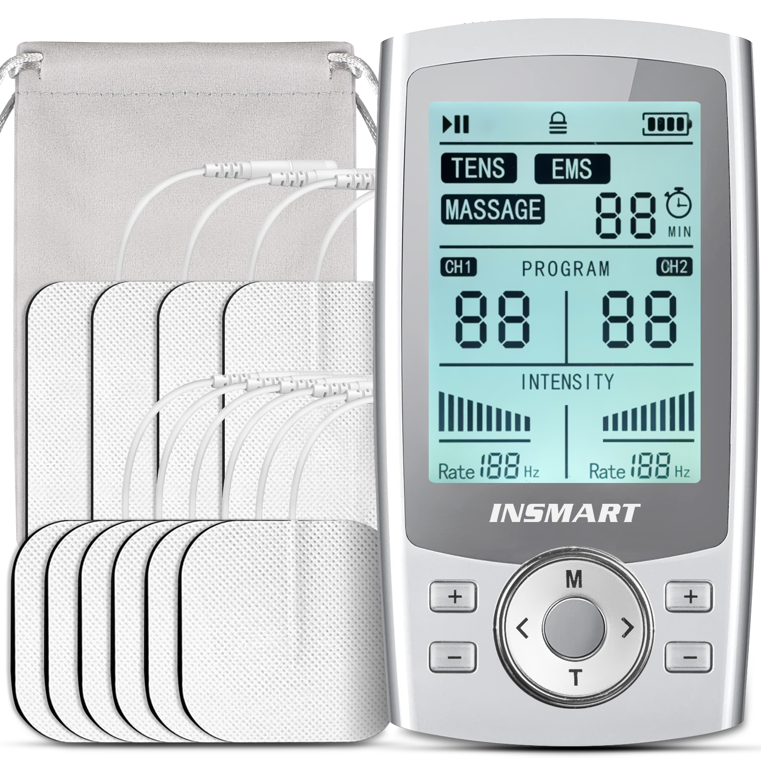 thumbnail video image 2 of INSMART TENS Unit Rechargeable Muscle Stimulator EMS Dual Channel with 10 Reusable Electrode Pads 60 Modes for Back Neck Pain Muscle Therapy Pain Management Pulse Massager (Upgrade), 2 of 9