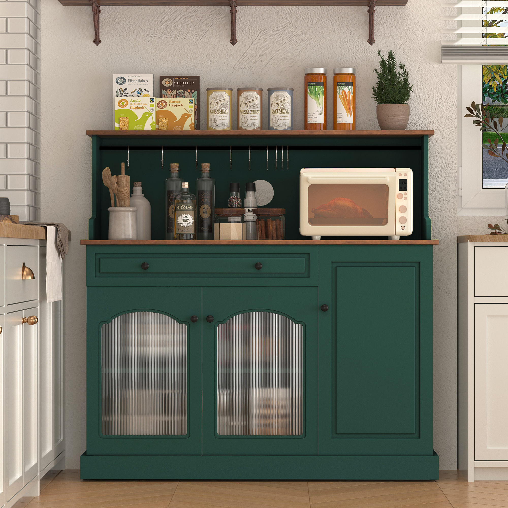 thumbnail video image 2 of CBJCBJ 48“ Modern Wood Kitchen Pantry Cabinet with Coffee Bar, Drawer & Microwave Stand,Black, 2 of 11