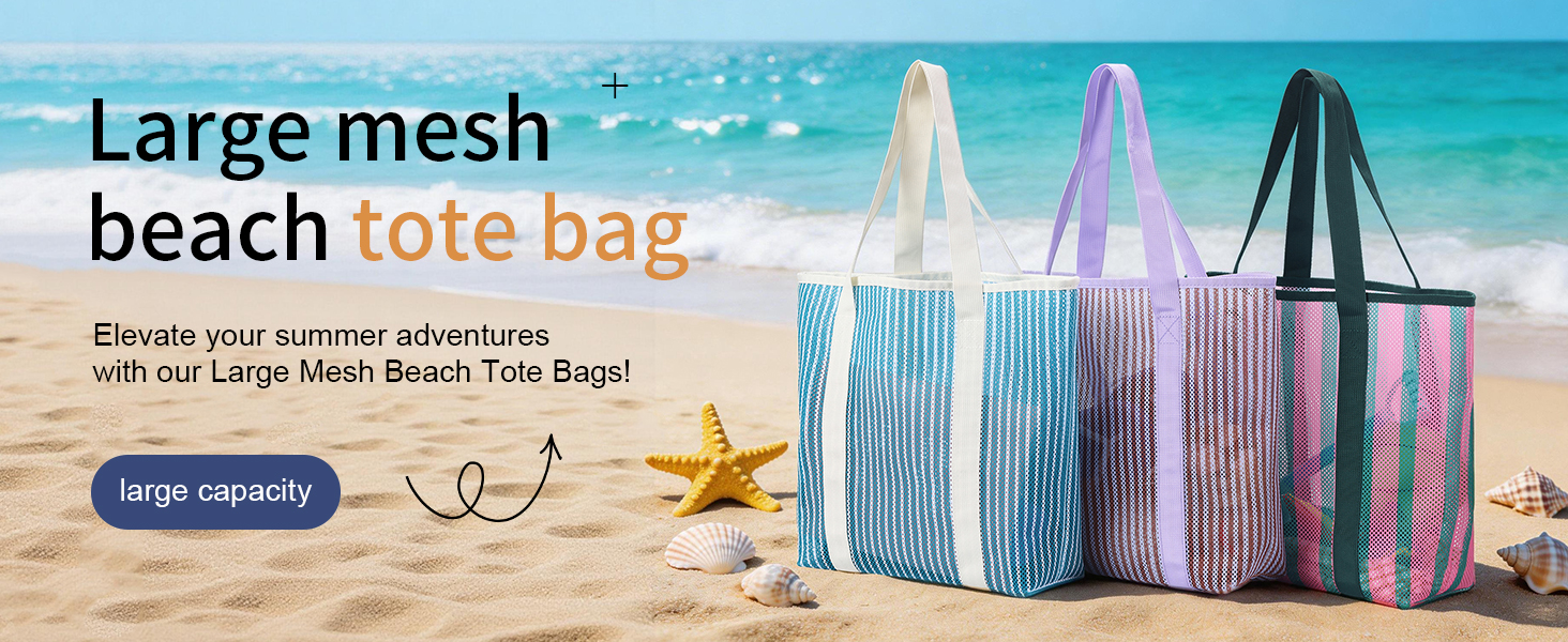 thumbnail video image 2 of Strip Mesh Beach Tote Bags,Causal Pool Bags for Swimming Picnic Vacation Essentials, 2 of 8