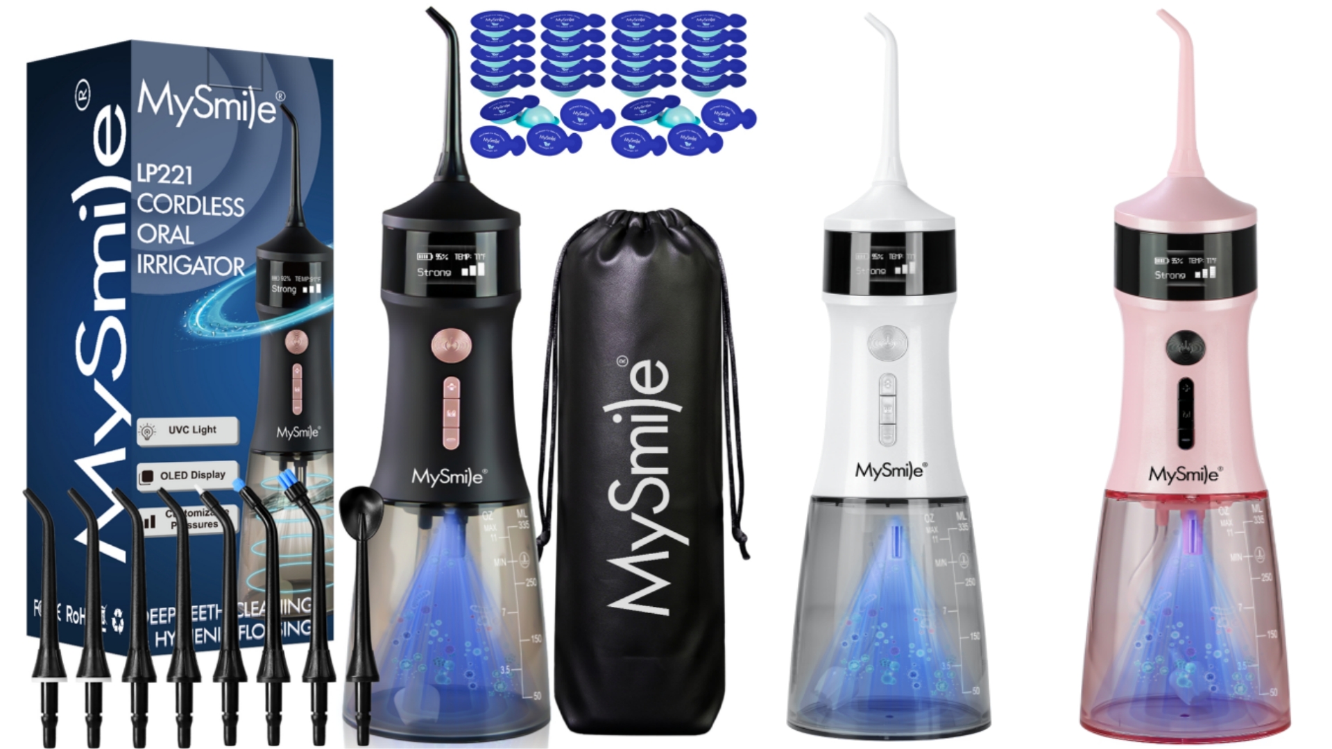 thumbnail video image 2 of MySmile LP221 OLED Portable Water Flosser Cordless with UVC Light & 30pc Mouthwash Combo, Oral Irrigator Electric Dental Flosser Picks for Teeth Cleaning, Braces, Gums, 5 Modes, 8 Jet Tips, Pink, 2 of 9