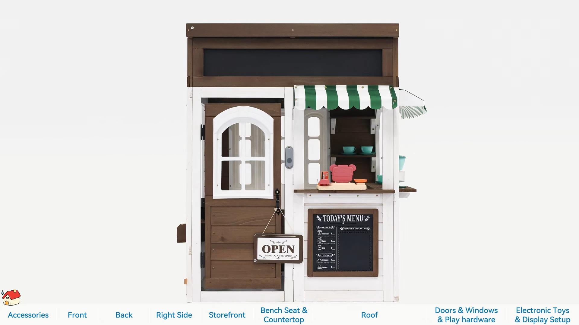 thumbnail video image 2 of Auarte Outdoor Wooden Playhouse for Kids Ages 3+, DIY Themed Play House with Coffee Set, Cash Register, Bench, Wind Vane, Flip-Over Bench, Chalkboard, 2 of 11