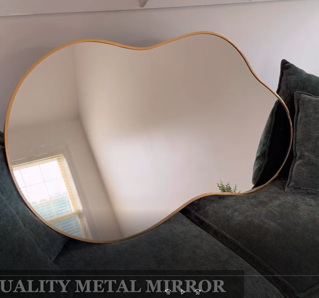 thumbnail video image 2 of Fahomiss Modern 26" x 46" Irregular Wall Mirror, Cloud-Shaped Bathroom Mirror, Asymmetrical Vanity Mirror for Home Wall Decor, Mirror Suitable for Bedroom, Living Room, Entryway,Gold Metal Frame, 2 of 11