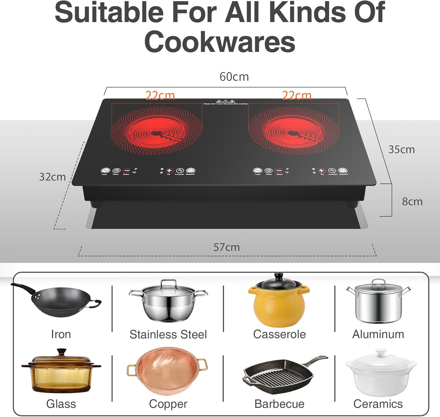 thumbnail video image 2 of Electric Cooktop 2 Burners, Electric Stove Top 110v with Plug in, Knob Control Countertop & Built-in Ceramic Cooktop, 9 Power Levels, Child Lock, Timer, Over-Heat Protection, 2 of 11