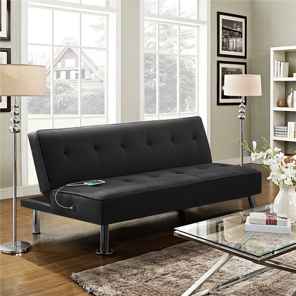 thumbnail video image 2 of Alden Design 66" Modern Fabric Convertible Futon Sofa Bed with USB, Black, 2 of 14