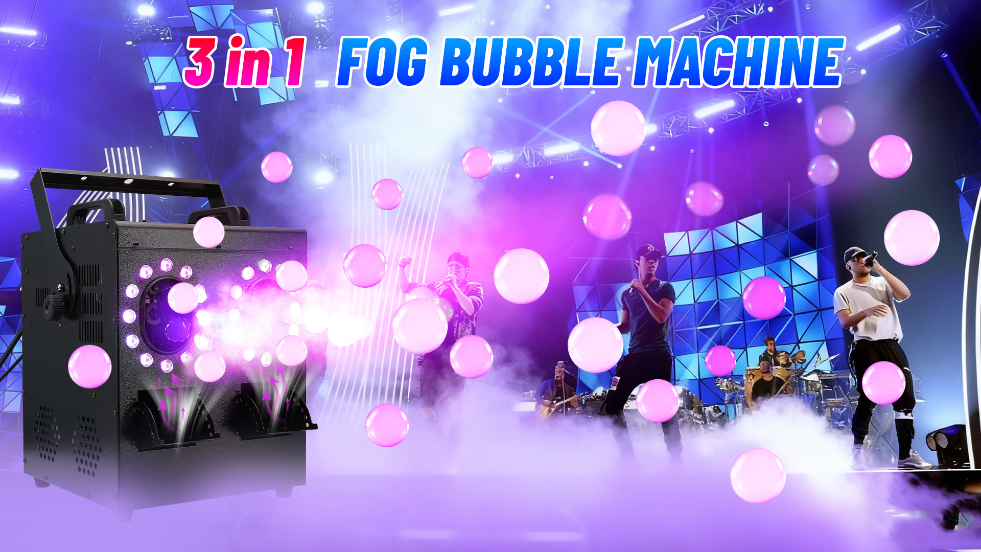 thumbnail video image 2 of 1500W Fog Bubble Machine with 16 RGB LED Lights, 3 in 1 Smoke & Bubble Maker with 2 Fans, DMX & Remote Control, Fog, Bubble & Fog Bubble Modes for Halloween, Christmas, Birthday, Stage,Outdoor Partie, 2 of 9