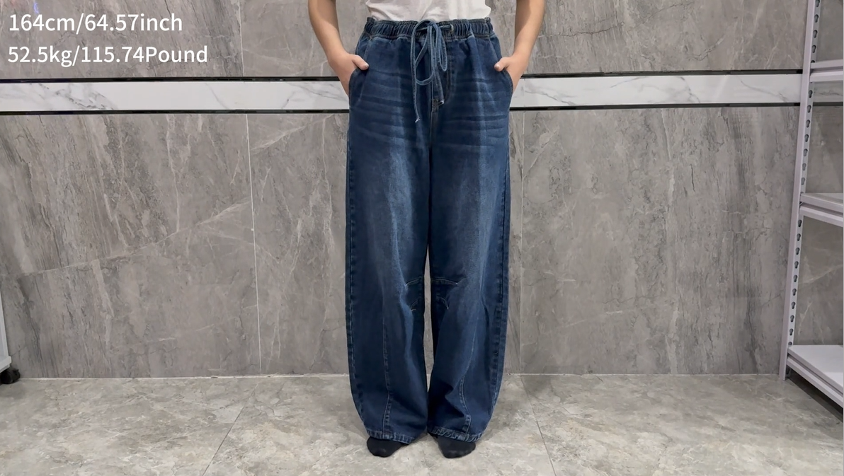 thumbnail video image 2 of Women’s Wide Leg Jeans, Elastic Waist Drawstring Loose Trousers, Fashion Casual Pocket Long Pants, 2 of 10