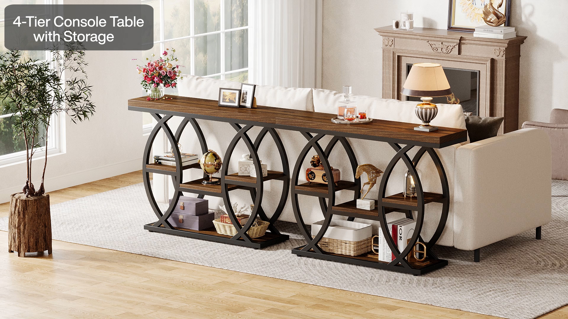 thumbnail video image 2 of Finmind 39-Inch Industrial Console Table, 4-Tier Sofa Table with Metal Frame, Brown, 2 of 9