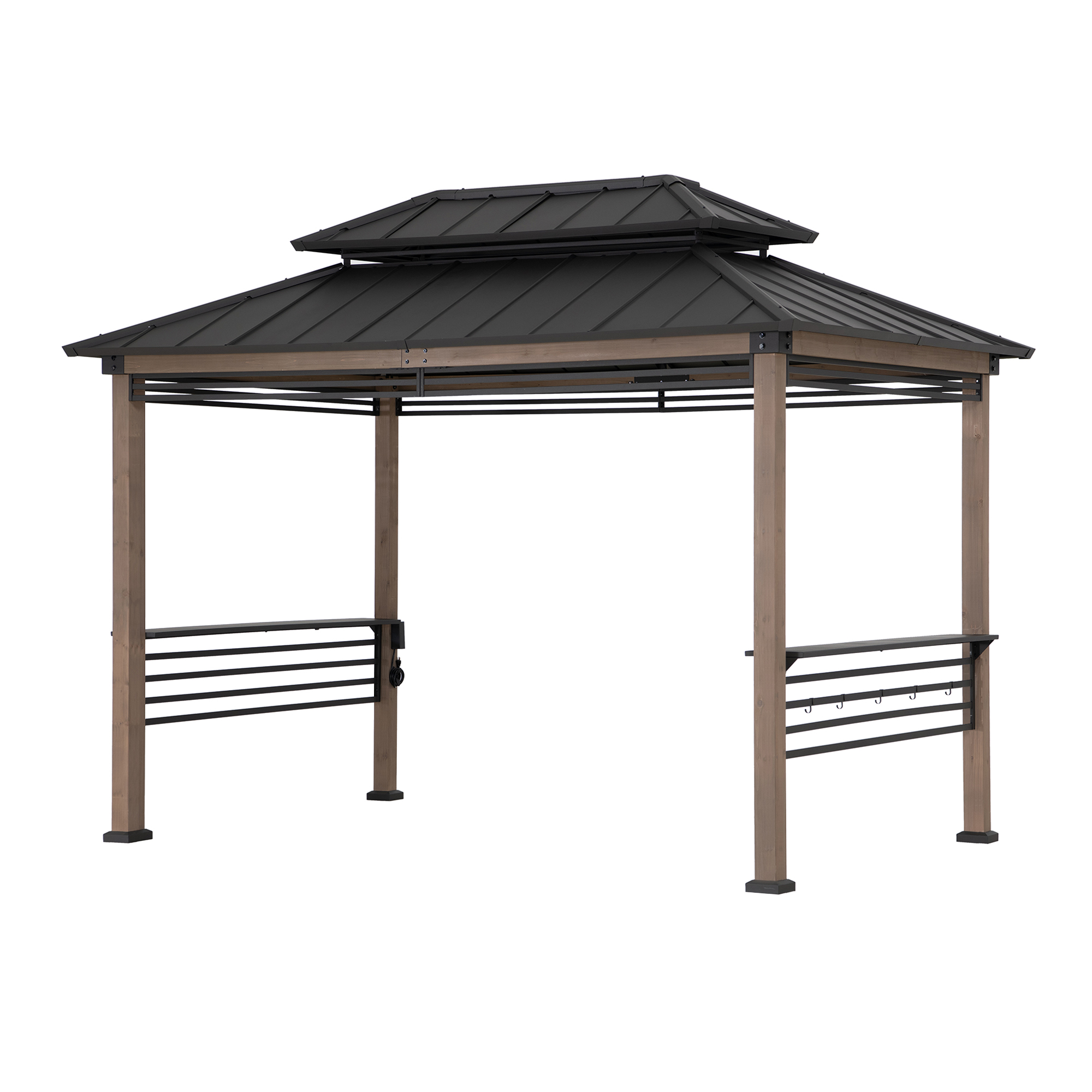 thumbnail video image 2 of Sunjoy 8ft. x 12 ft. Wooden Cedar Framed Grill Gazebo with exclusive AC Power Port - Brown, 2 of 12