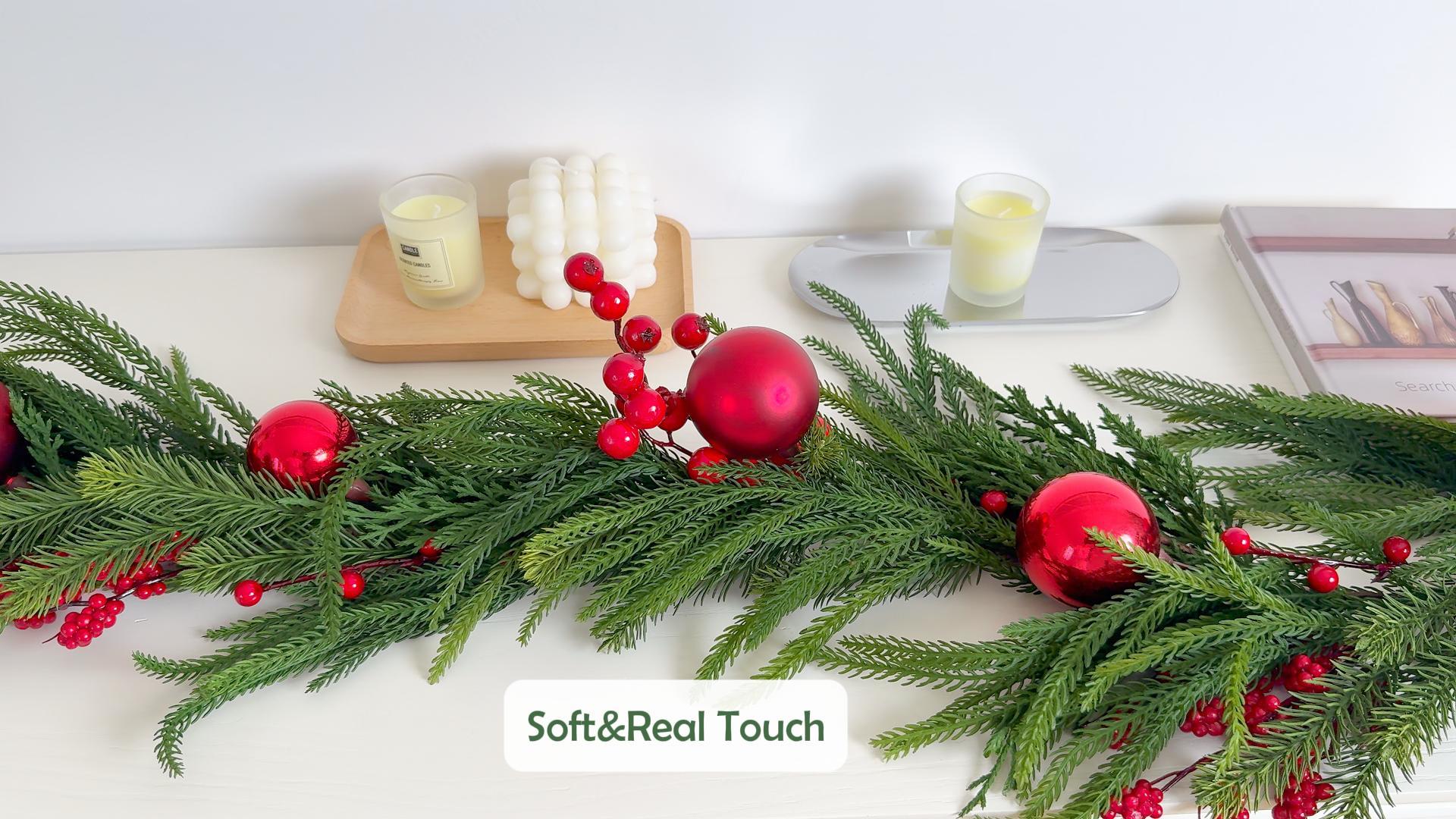 thumbnail video image 2 of Nafresh 6ft Artificial Christmas Garland, 72" Real Touch Norfolk Pine Garland with Red Berries and Balls for Fireplace, Staircase, Window, Front Door Christmas Decor, Red, 2 of 8