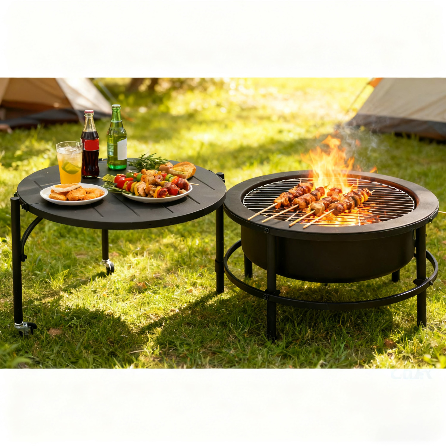 thumbnail video image 3 of 52" Fire Pits for Outside, Foldable Fire Pits with 26" Fire Stove and Table, Cold-Rolled Steel Fire Pit Tables with BBQ Net, Poker, Grill Brush and Protective Cover, 3 of 11