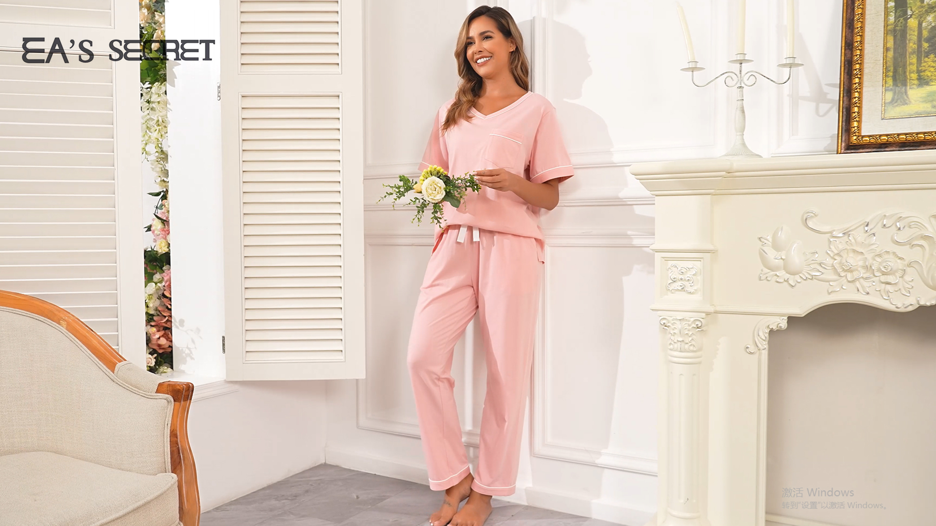 thumbnail video image 2 of EA'S SECRET Womens Pajama Sets 100% Cotton Short Sleeve Top with Long Pants Sleepwear 2 Piece V Neck Loungewear Soft Knit (White,XL), 2 of 8