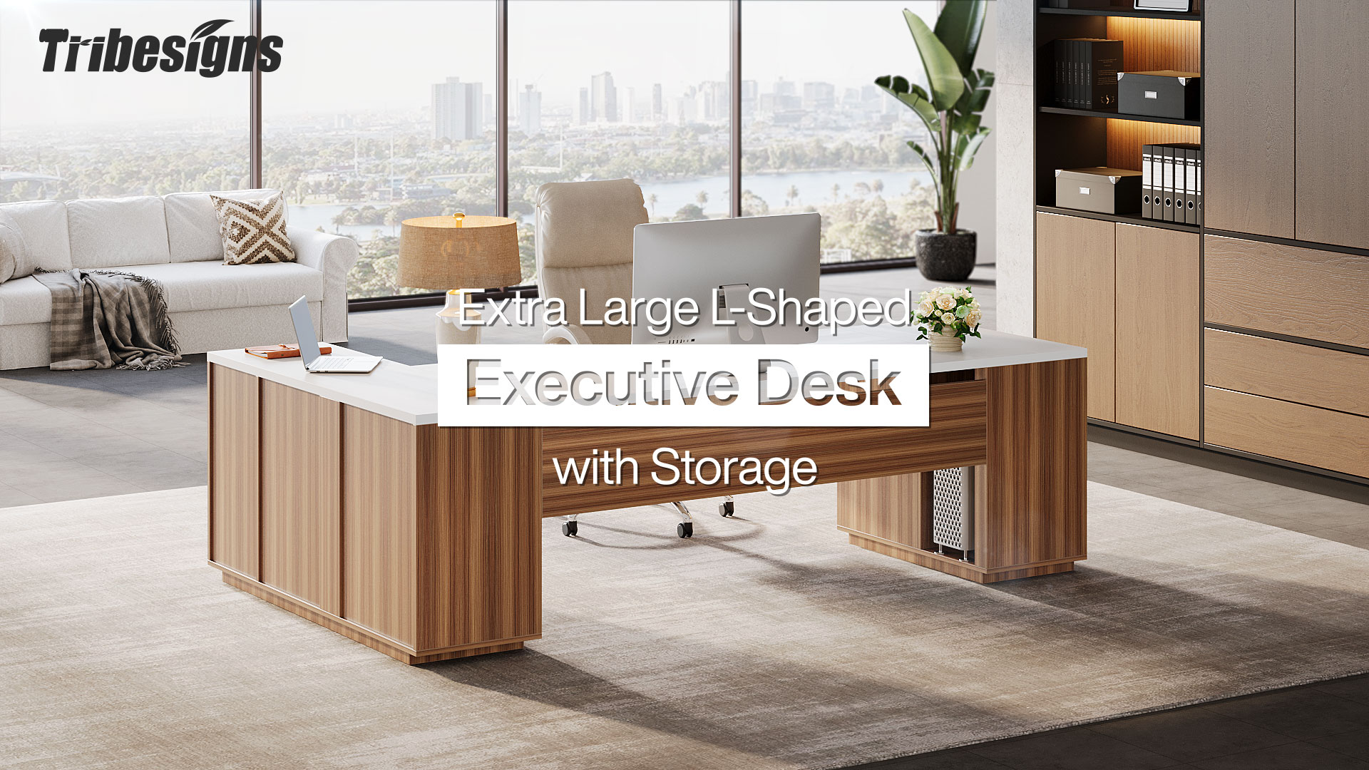 thumbnail video image 2 of Tribesigns 85.8" L-Shaped Executive Desk, Extra Large Office Desk with File Drawers, Modern Business Furniture with Door Cabinet, Shelves for Home Office, White & Brown, 2 of 6