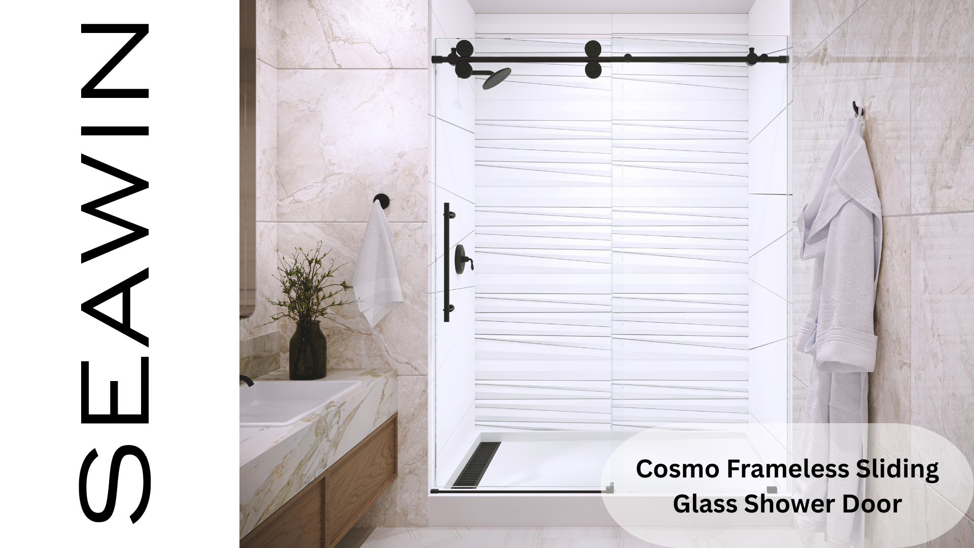 thumbnail video image 2 of Seawin Cosmo 68 - 72 x 77 inches Frameless Sliding Shower Door 3/8 in. (10 mm) Clear Tempered Glass with NanoShield Coating Satin Gold, 2 of 10