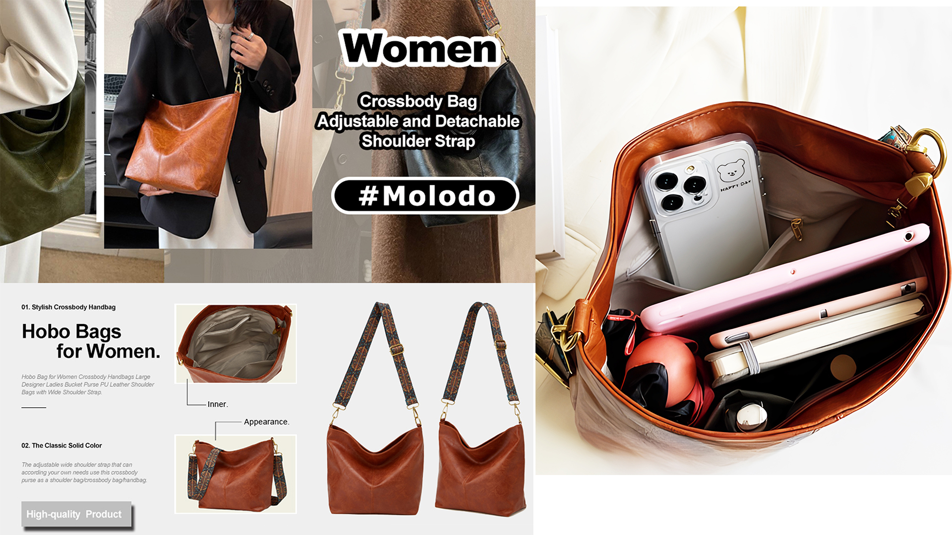 thumbnail video image 2 of Hobo Bag for Women Crossbody Handbag Ladies Chic Shoulder Bags Black Purse, 2 of 8