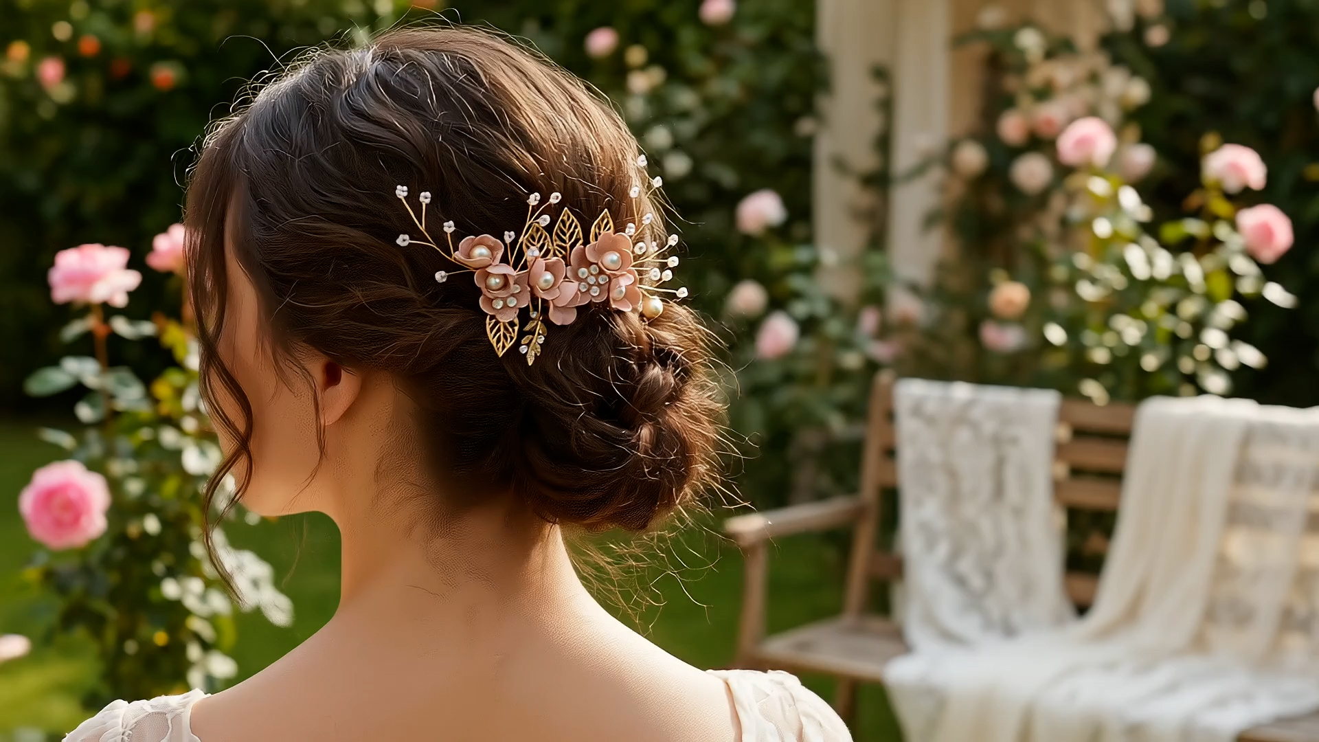 thumbnail video image 2 of MIALLO Elegant Pink Floral Hair Comb, Golden Metal Leaf Bridal Hair Accessory for Garden Party & Daily Wear, 2 of 8