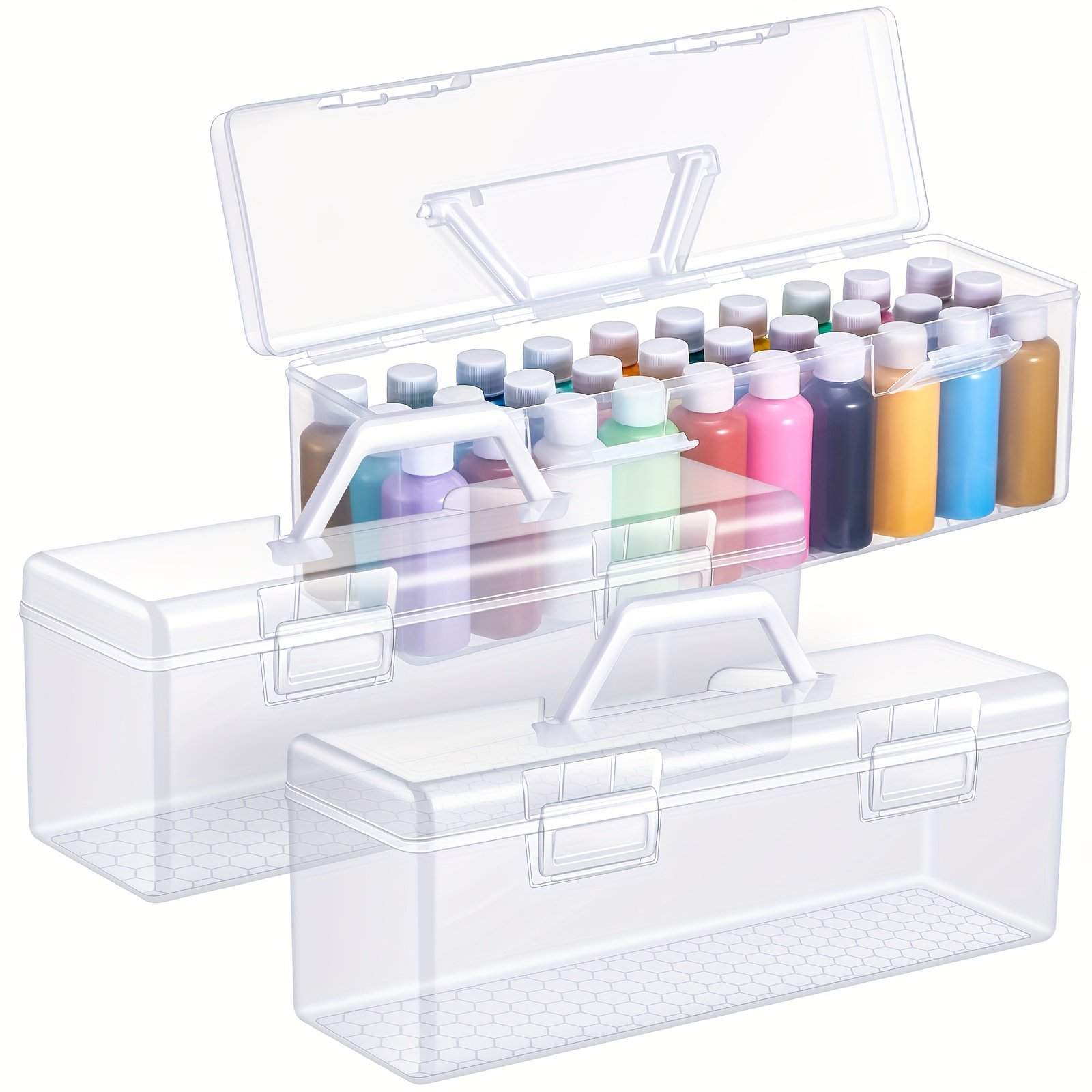 thumbnail video image 2 of 3 Pack Acrylic Paint Storage Organizer Boxes with Handle, Clear Paint Holder for 2 oz Bottles, Large Capacity Stackable Art Supply Storage Case for Acrylic Paint, Brushes and Craft Supplies, 2 of 6