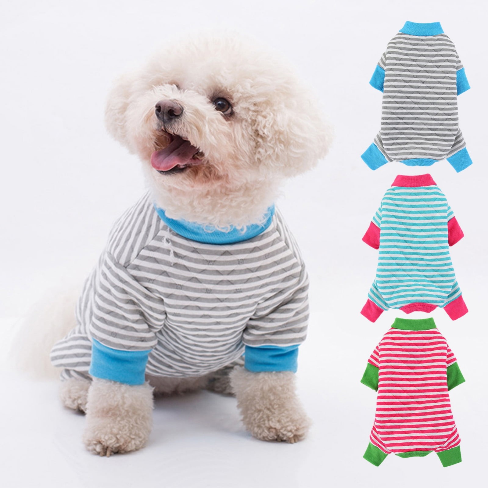 thumbnail video image 2 of SeekLGT Dog Pajamas Soft Cotton Striped Jumpsuit Breathable Four-Legged Sleepwear for Small Medium Dogs and Cats Comfortable Puppy PJs for Play and Sleep Blue 1SET, 2 of 4