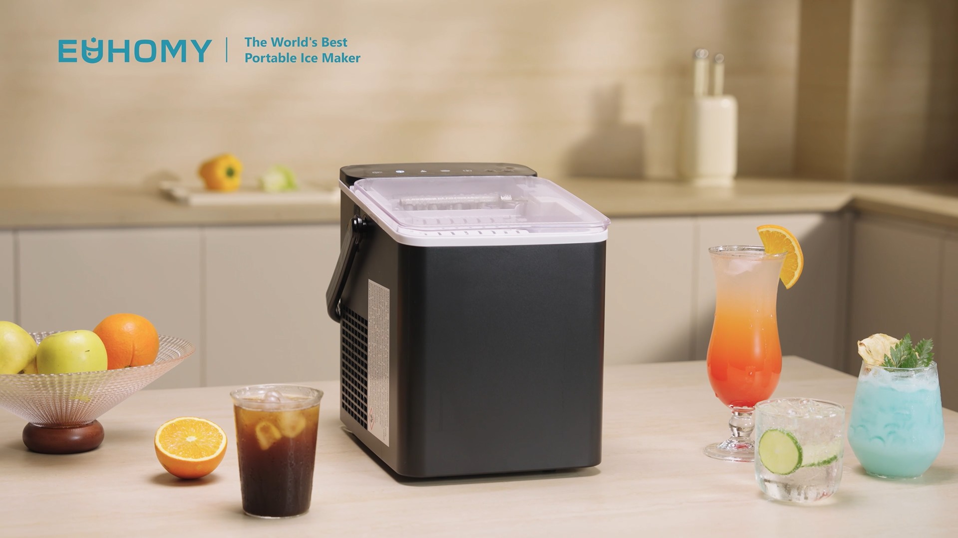 thumbnail video image 2 of EUHOMY Countertop Ice Maker with Handle, 26 lbs/Day Portable Ice Machine, 9 Bullet Cubes in 6 Minutes, 2 Ice Sizes, Self-Cleaning, 1.1L Water Tank, Pink, 2 of 10