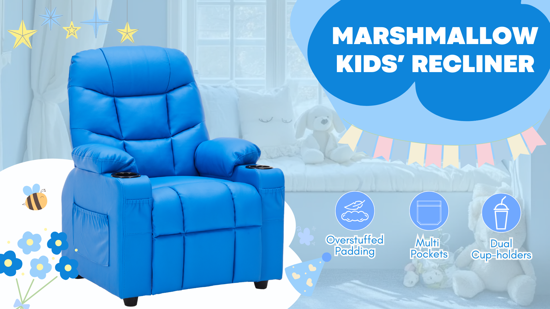 thumbnail video image 2 of Kids Recliner - Adjustable Leather Chair with Cup Holders, Footrest & Side Pockets - Perfect for Boys & Girls，Blue, 2 of 11