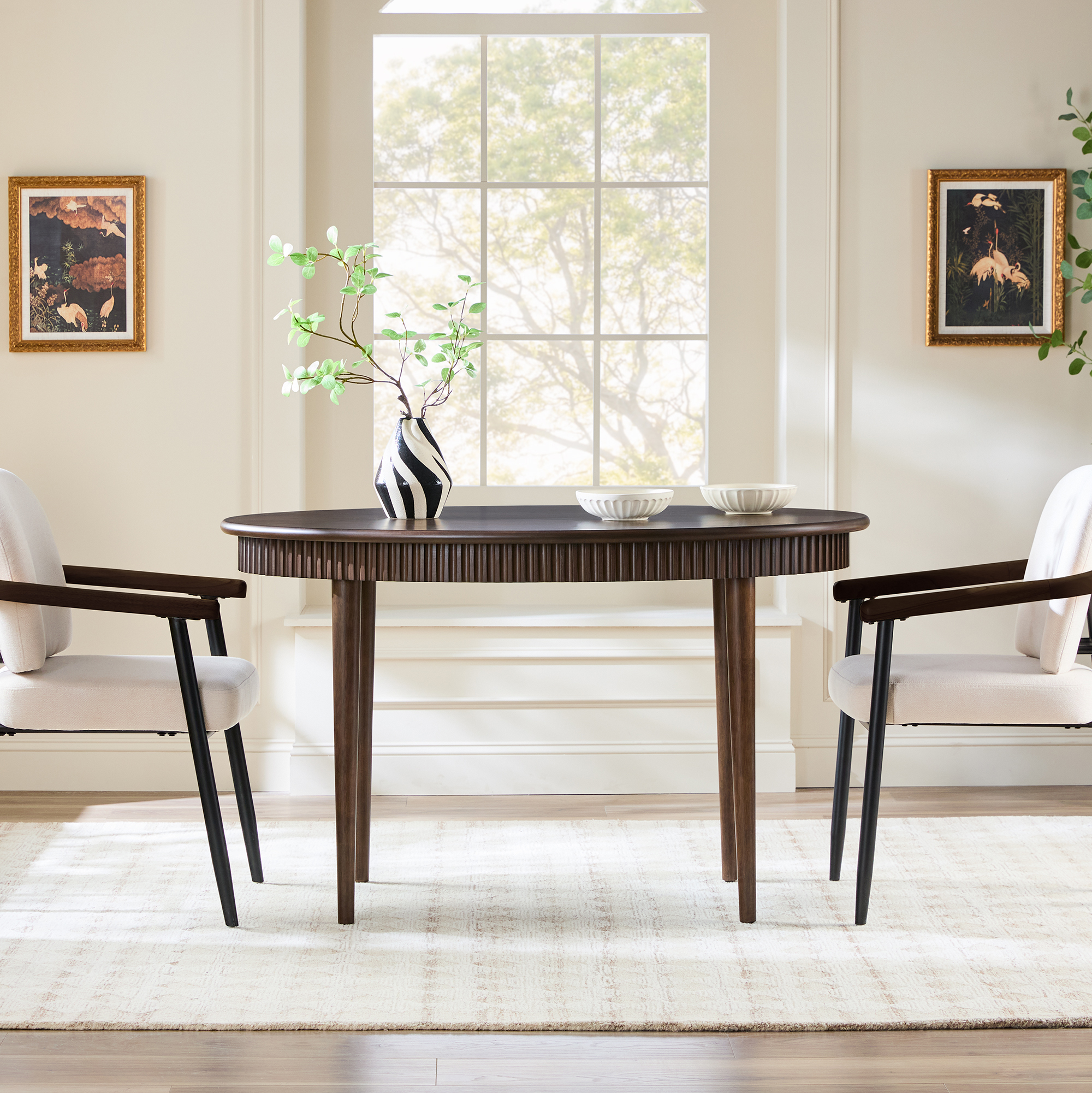 thumbnail video image 2 of Walker Edison Modern Fluted Oak Veneer Dining Table for 4, Dark Brown Oak, 2 of 12