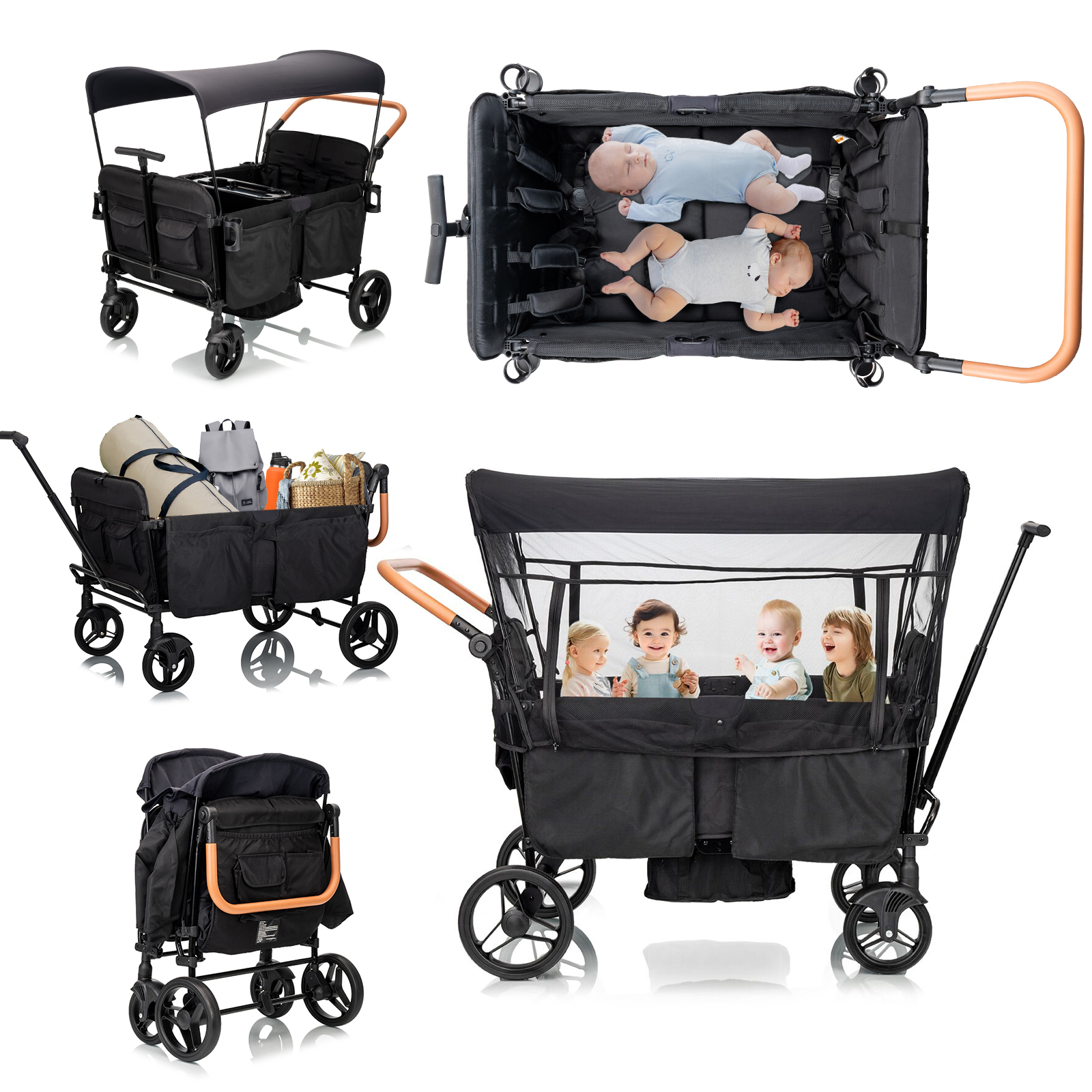 thumbnail video image 2 of Funyard Wagon Stroller for 4 Kids Lightweight Folding Baby stroller & with 5-Point Harness,Adjustable Handle Bar and Canopy,Footwells,Tray Table,Cup Holder, 2 of 11