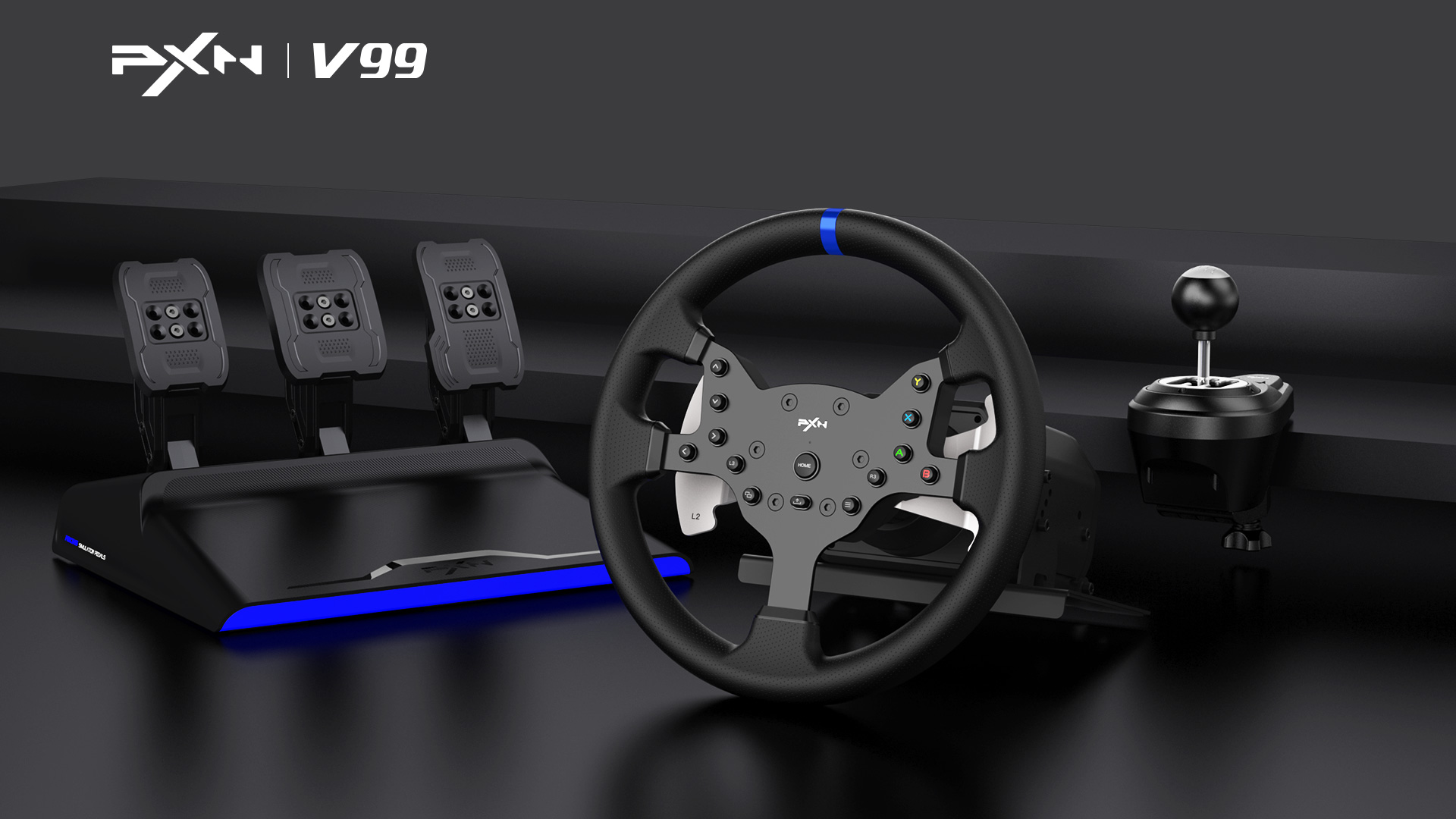 thumbnail video image 2 of PXN V99 Gaming Force Feedback Steering Wheel with Pedals, Dual-Motor, for PC, PS4, Xbox One, Series X|S, 2 of 8