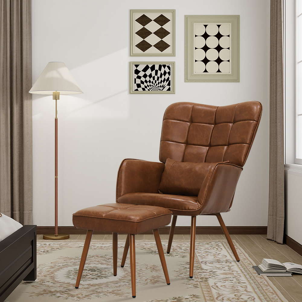 thumbnail video image 2 of Abble Faux Leather Accent Chair with Ottoman and Toss Pillow for Living Room, Bed Room, Gray, 2 of 6
