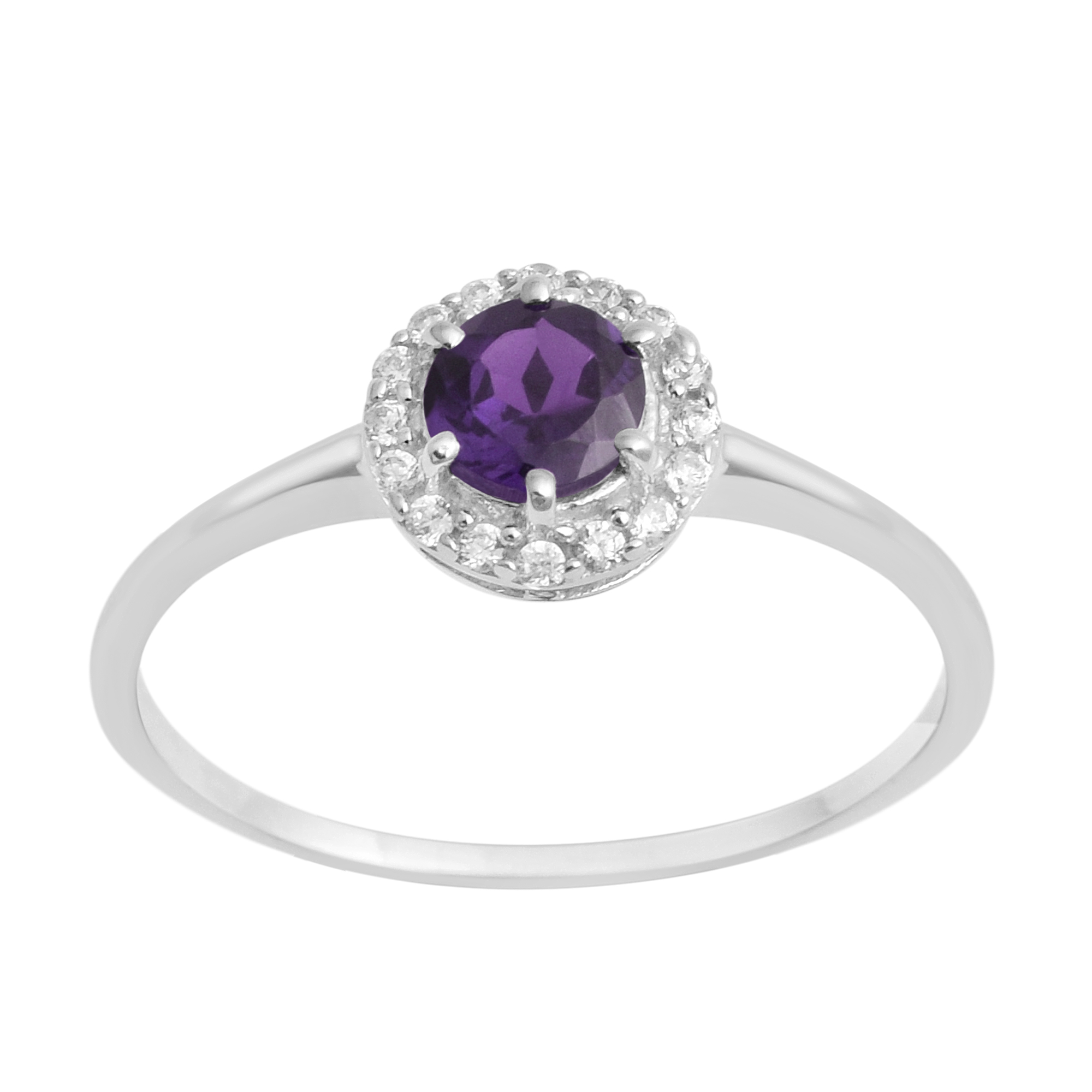 thumbnail video image 2 of 5MM Round Shape Amethyst Gemstone 925 Sterling Silver Solitaire Halo Women Promise Ring, 2 of 7
