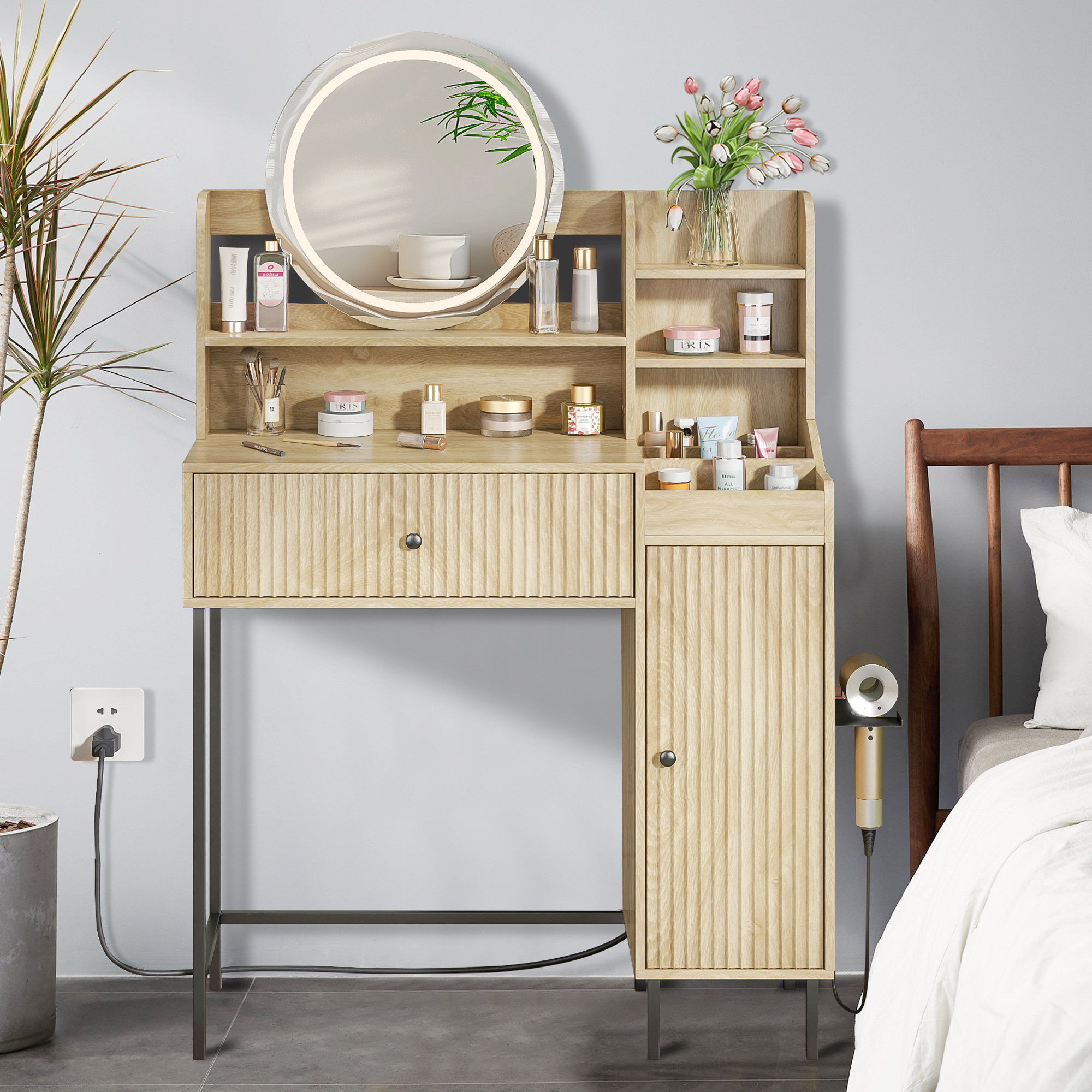 thumbnail video image 2 of Furtivusia Makeup Vanity Desk with Mirror and Lights, Makeup Table with Charging Station and Drawer, Modern Vanity Table for Bedroom, Wood Color, 2 of 10