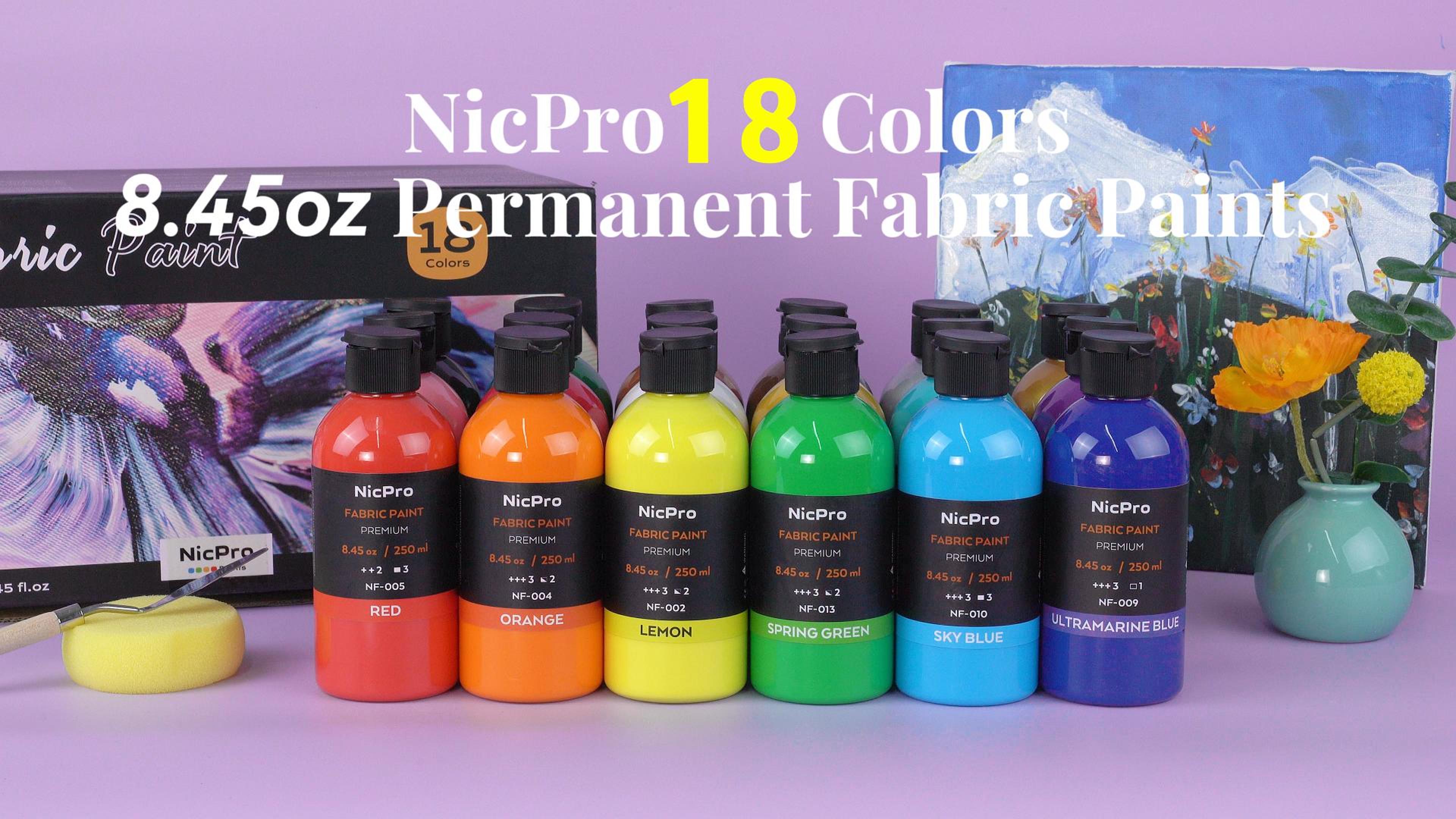 thumbnail video image 2 of Nicpro 18 Colors Permanent Fabric Paint (8.45 oz, 250 ml) Soft Fabric Paint for Clothes, Non-Toxic Textile Paint for Fabric DIY Crafts, T-shirts, Shoes Jeans Bags Canvas for Adult with Color Wheel, 2 of 10