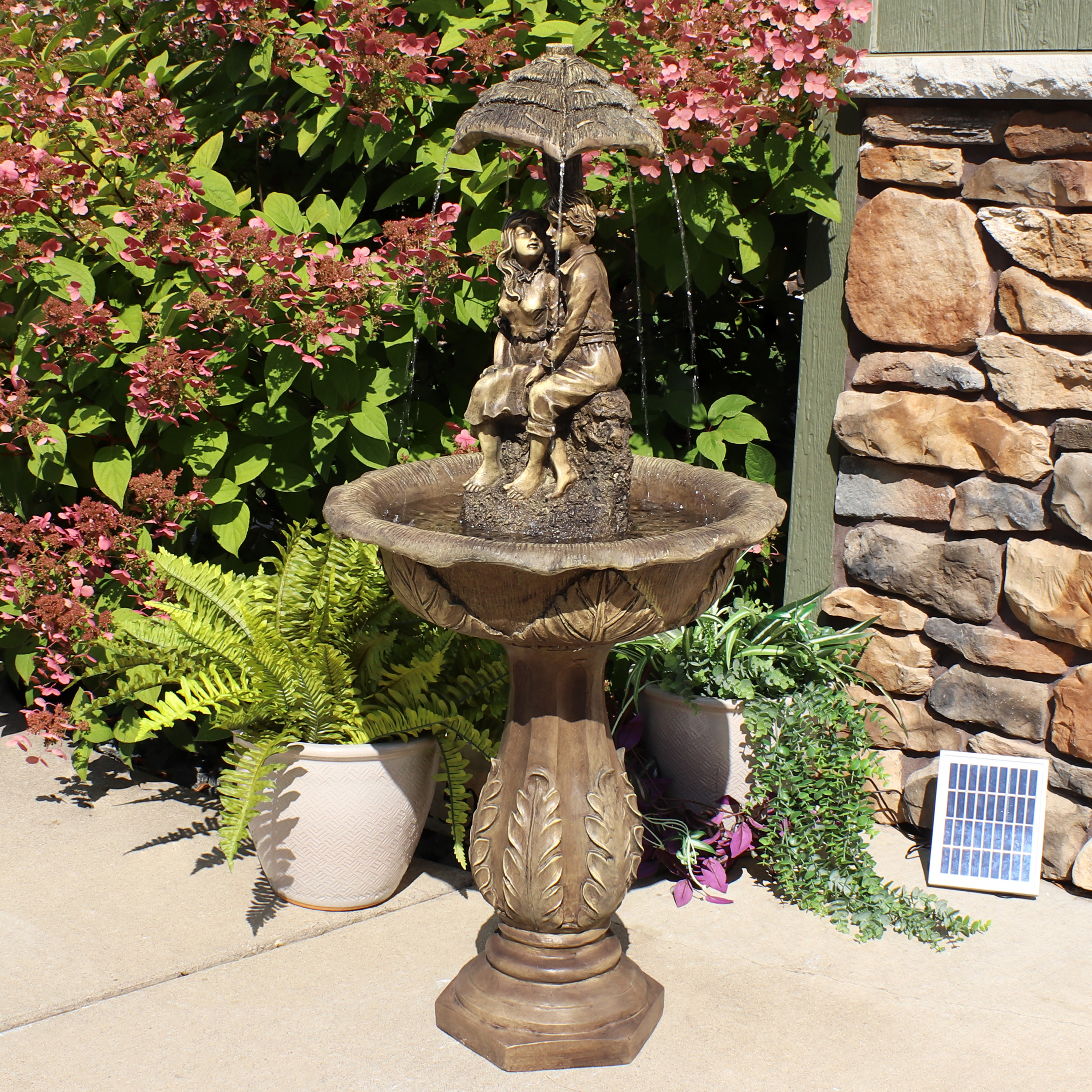 thumbnail video image 2 of Sunnydaze Lovers Umbrella Traditional Brown Polyresin Solar Fountain with LEDs, 2 of 14