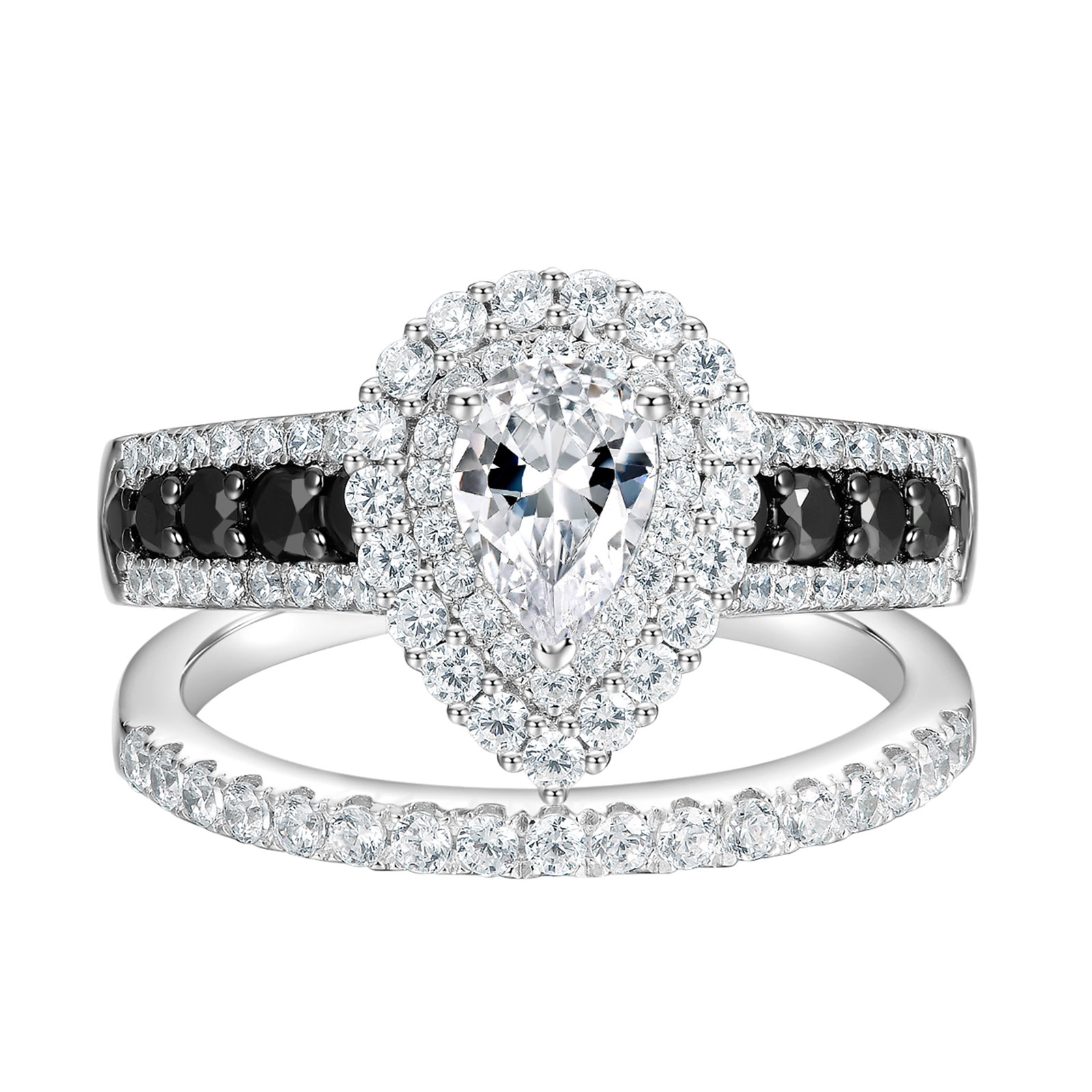 thumbnail video image 2 of Newshe Jewellery Wedding Rings for Women AAAAA Wedding Rings Set Black and White 925 Sterling Silver Pear Cz Size 10, 2 of 7